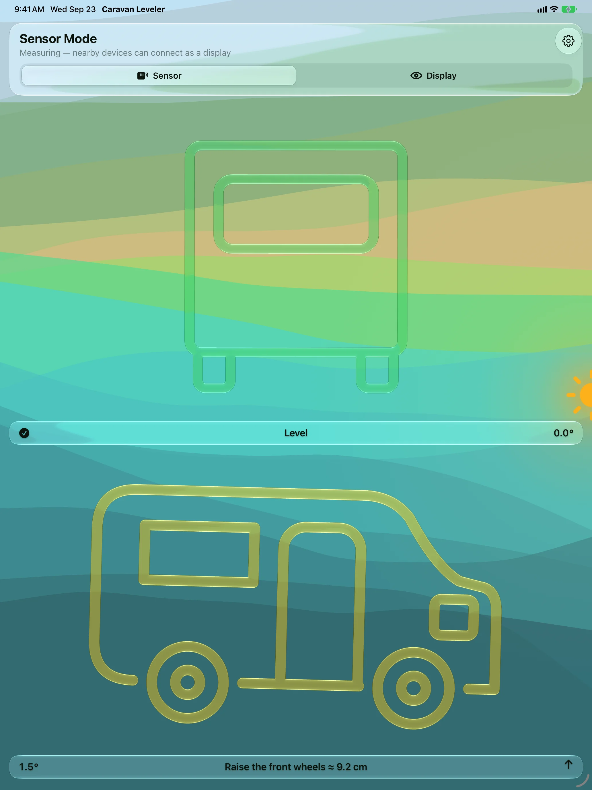 iPad showing motorhome silhouettes and a ramp instruction