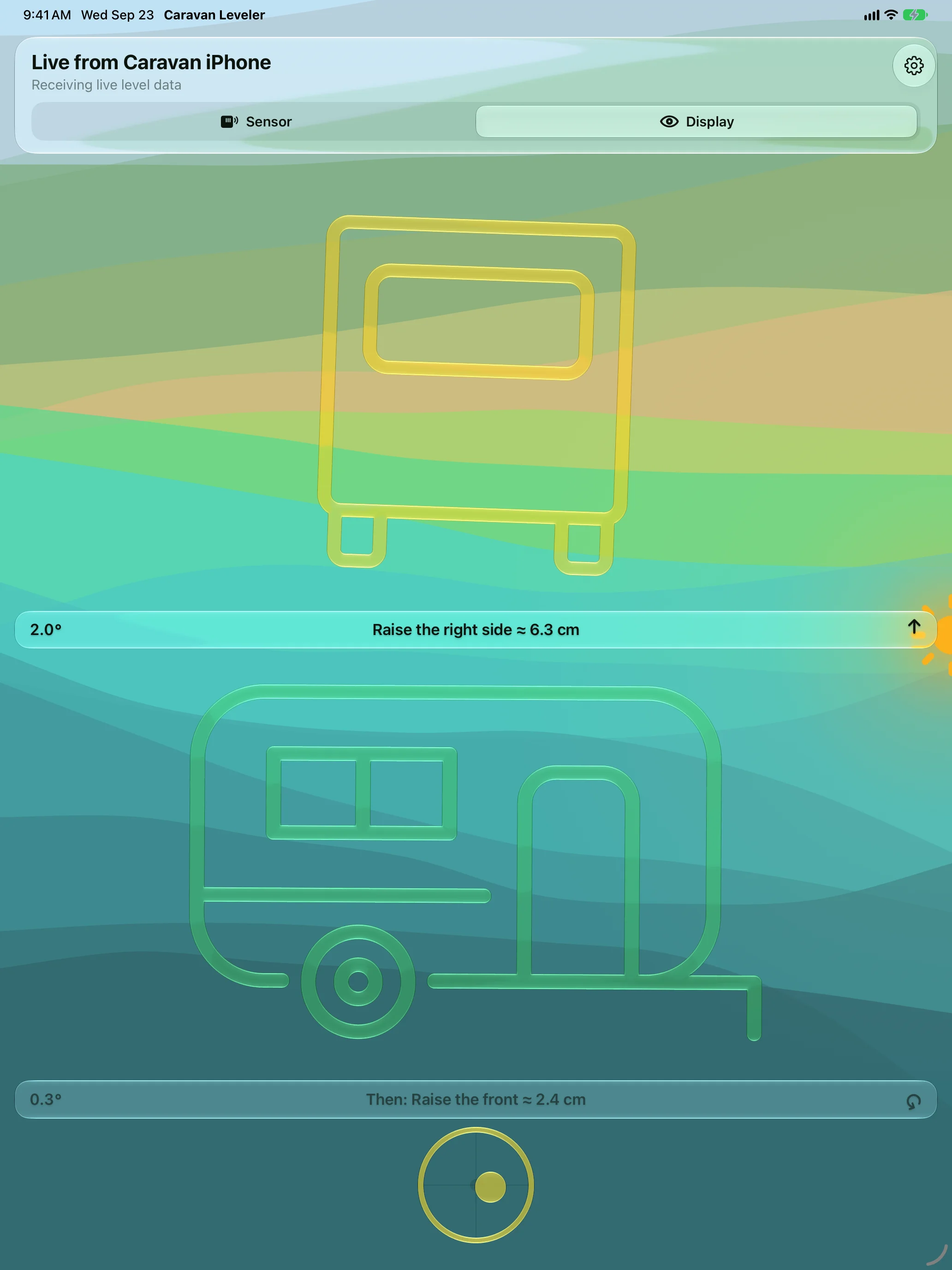 iPad in Display mode showing the live level