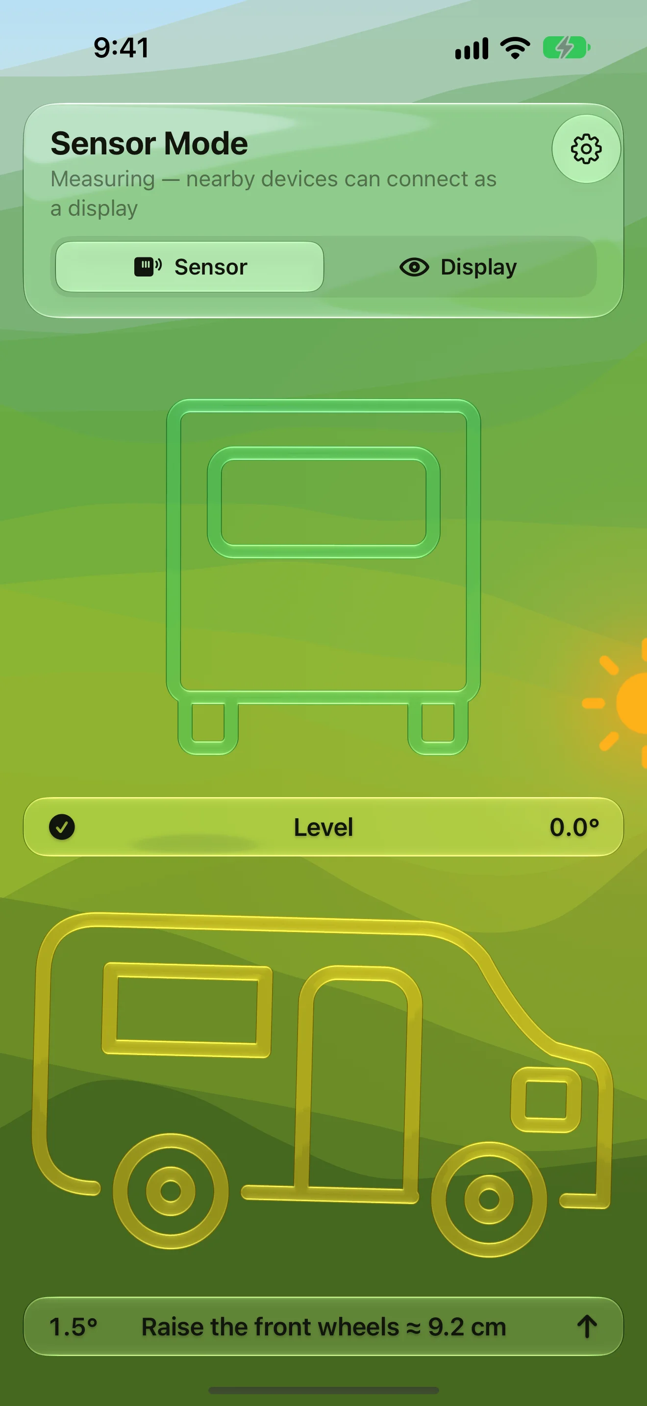 Motorhome silhouettes with the instruction to raise the front wheels about 9.2 cm