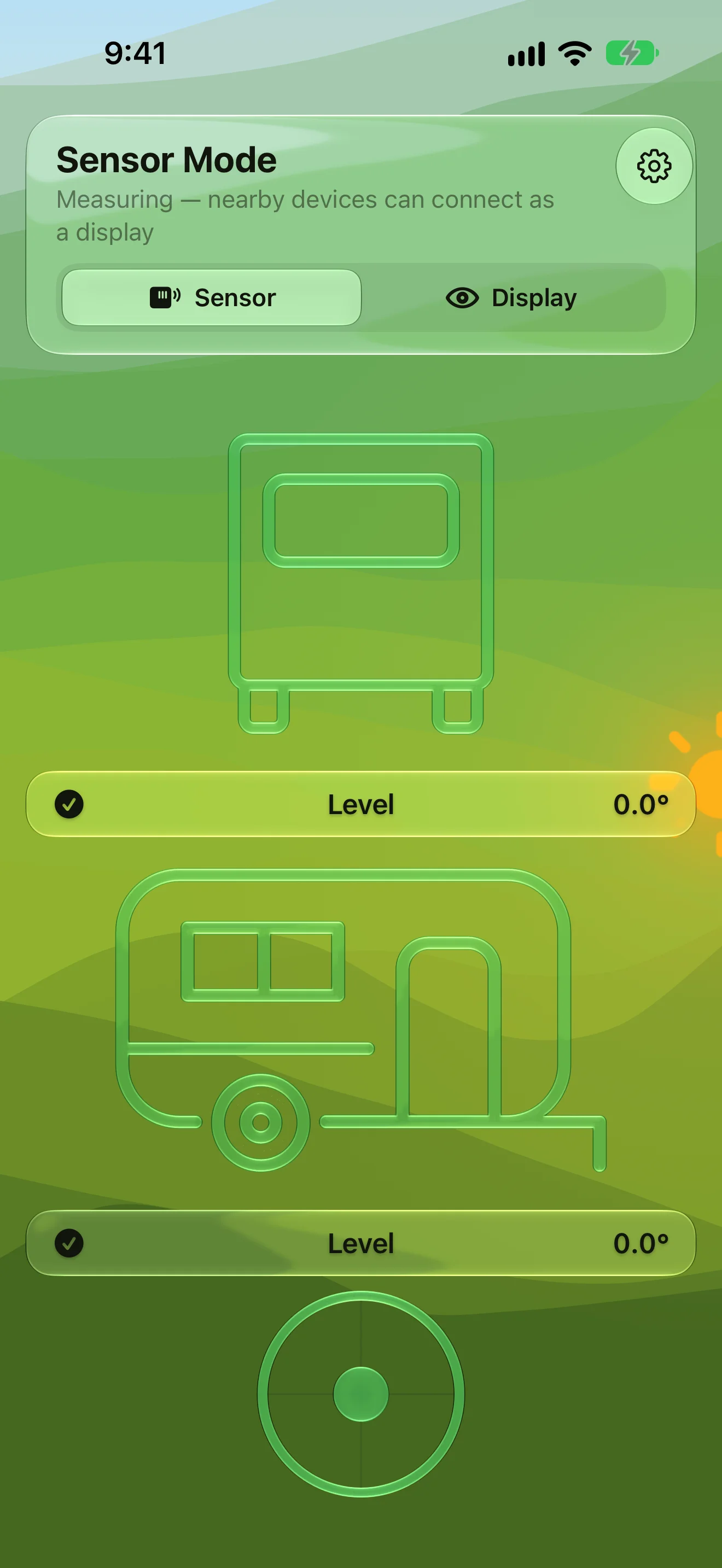 Silhouettes and bubble level all green, both axes reading level
