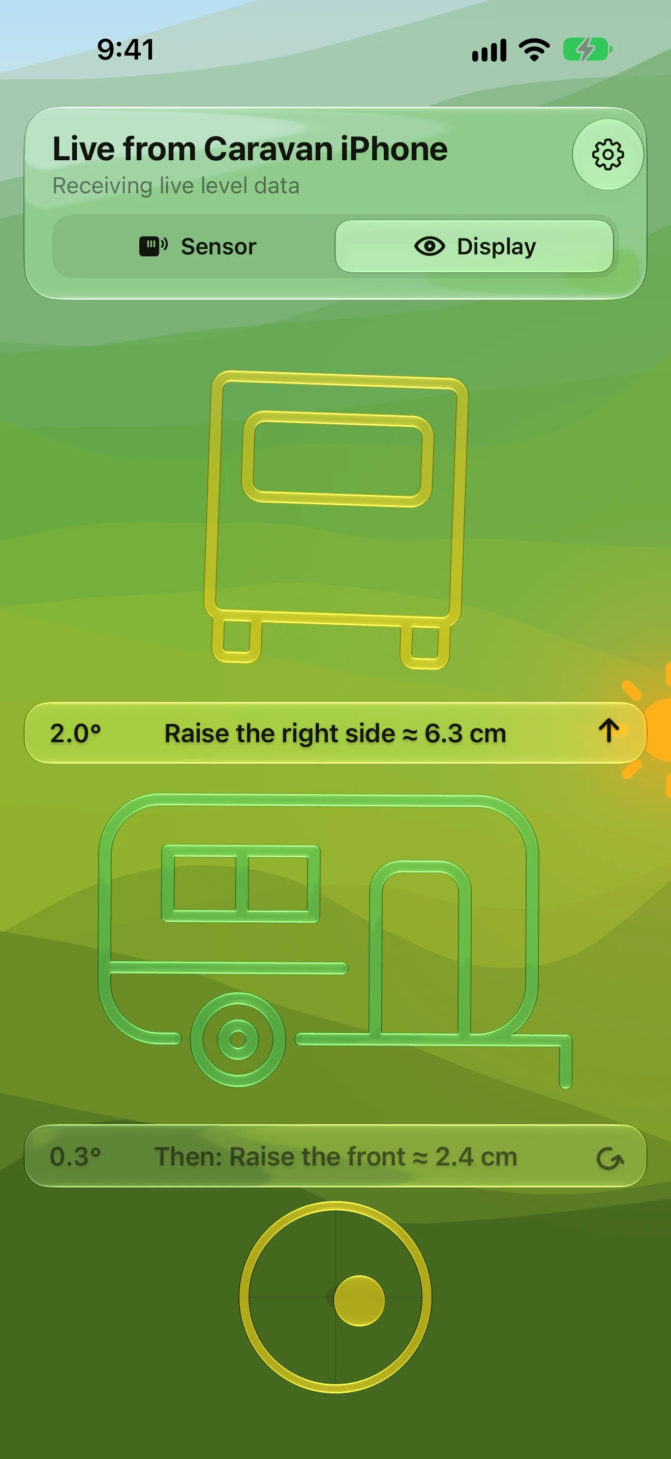 A second device in Display mode showing the live level from the sensor iPhone