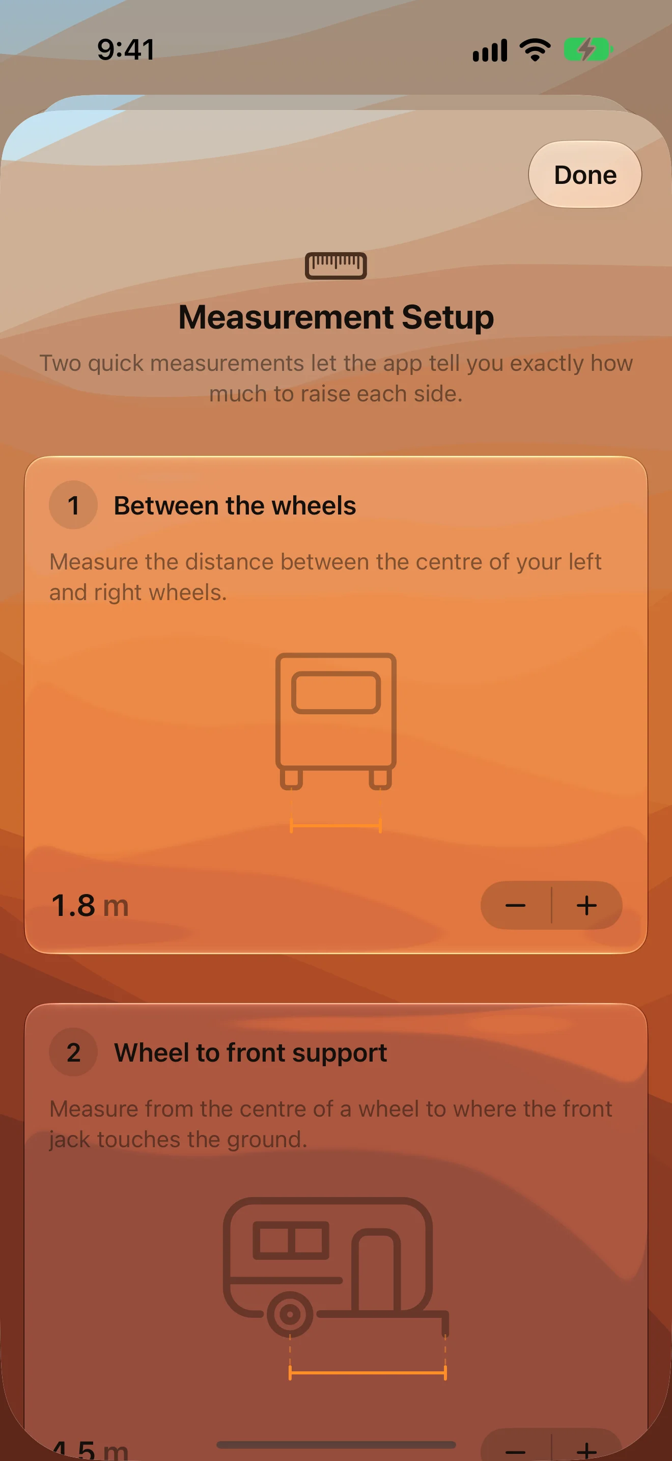 Measurement setup: the distance between the wheels, and from the wheel to the front support