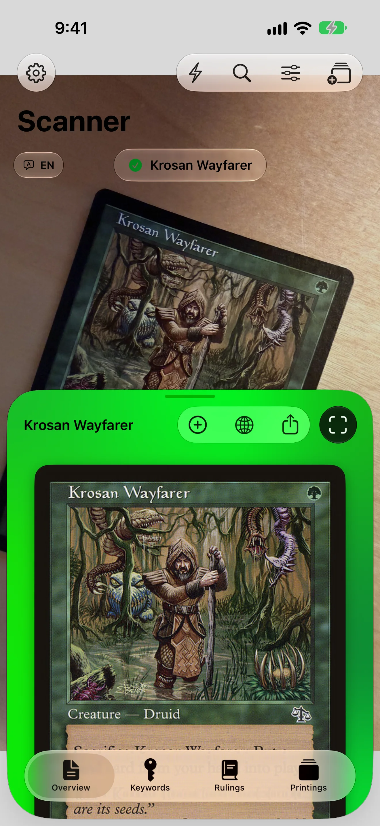 Scanner recognising a Krosan Wayfarer card on a table, with its card detail open