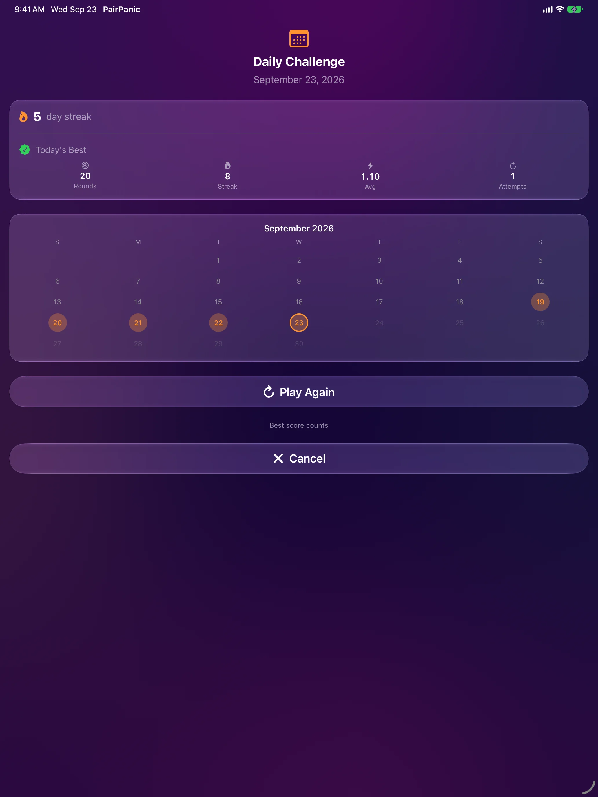 iPad - Daily challenge with streak calendar