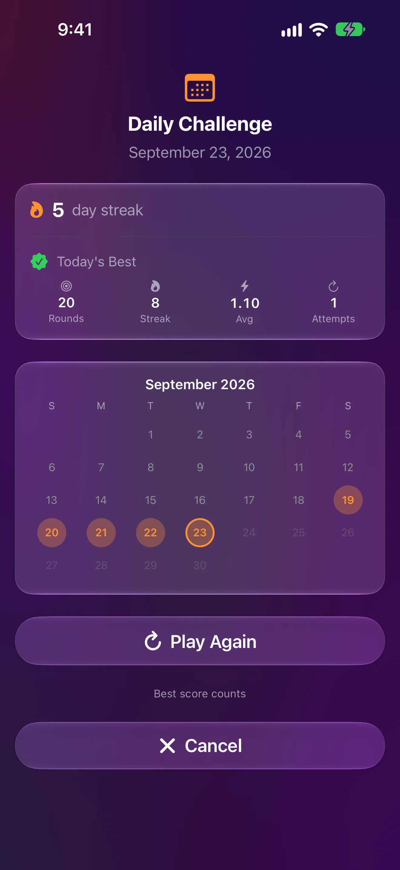 Daily challenge with streak calendar