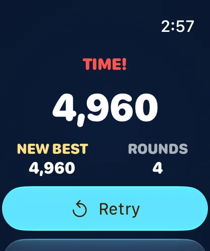 Apple Watch TIME! screen with a new best and Retry