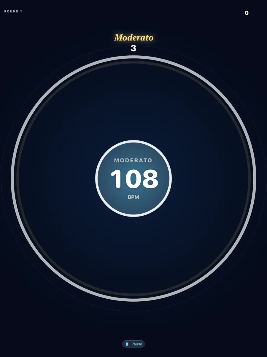 iPad round start with the tempo name Moderato above the field
