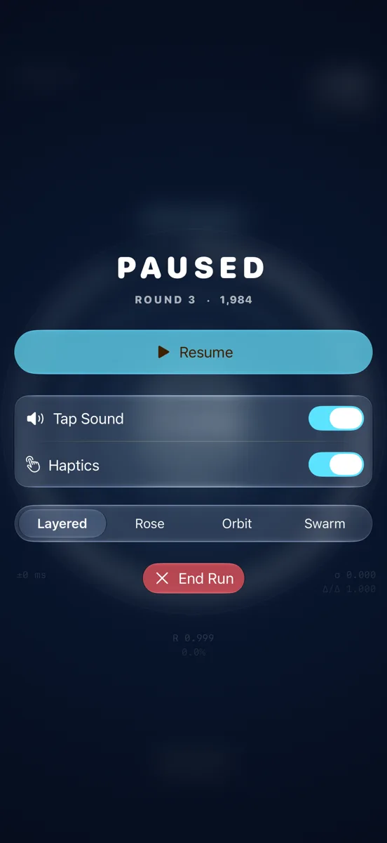iPhone pause menu with Resume, sound and haptics toggles, backdrop styles and End Run