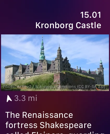 Apple Watch showing the same Kronborg Castle card