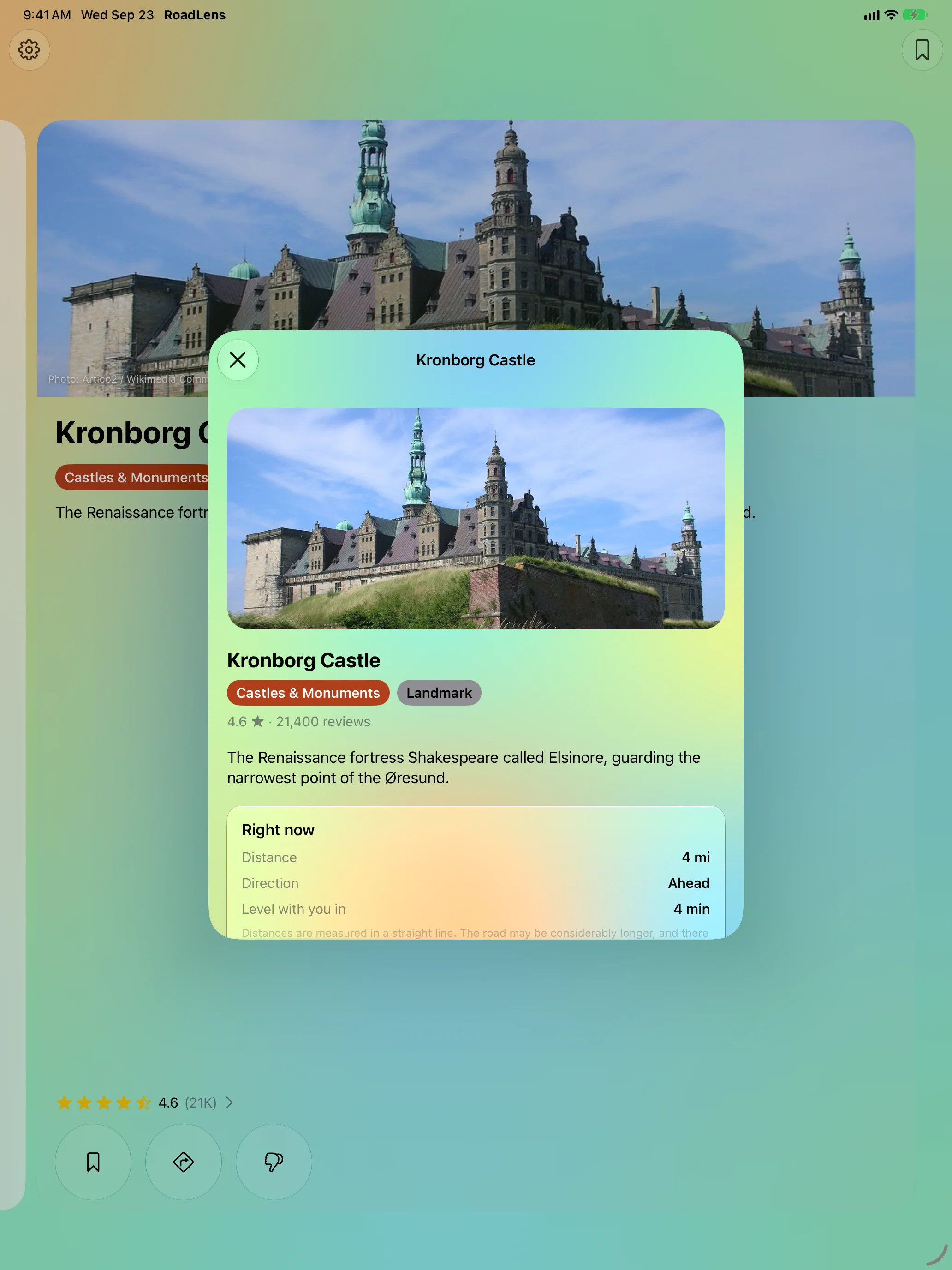 iPad - The Kronborg Castle detail sheet showing distance, direction and time until level