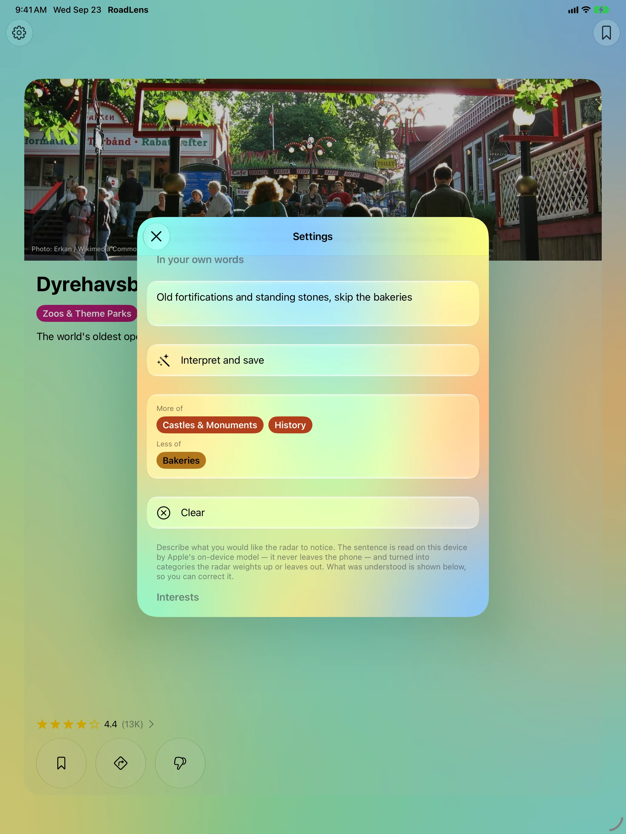 iPad - Settings with a sentence describing what to look for and what RoadLens understood