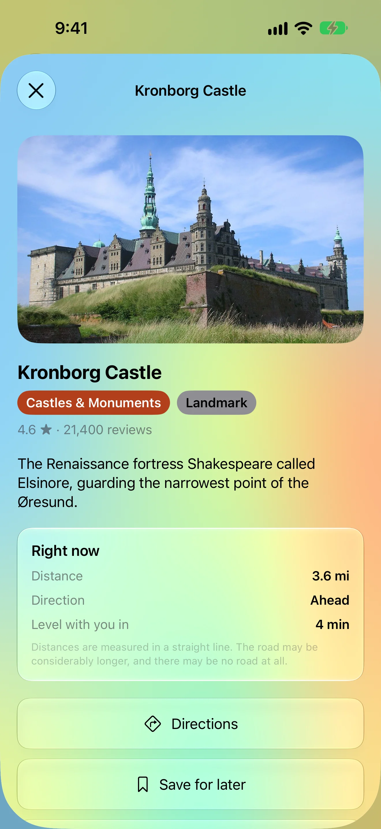 The Kronborg Castle detail sheet showing distance, direction and time until level