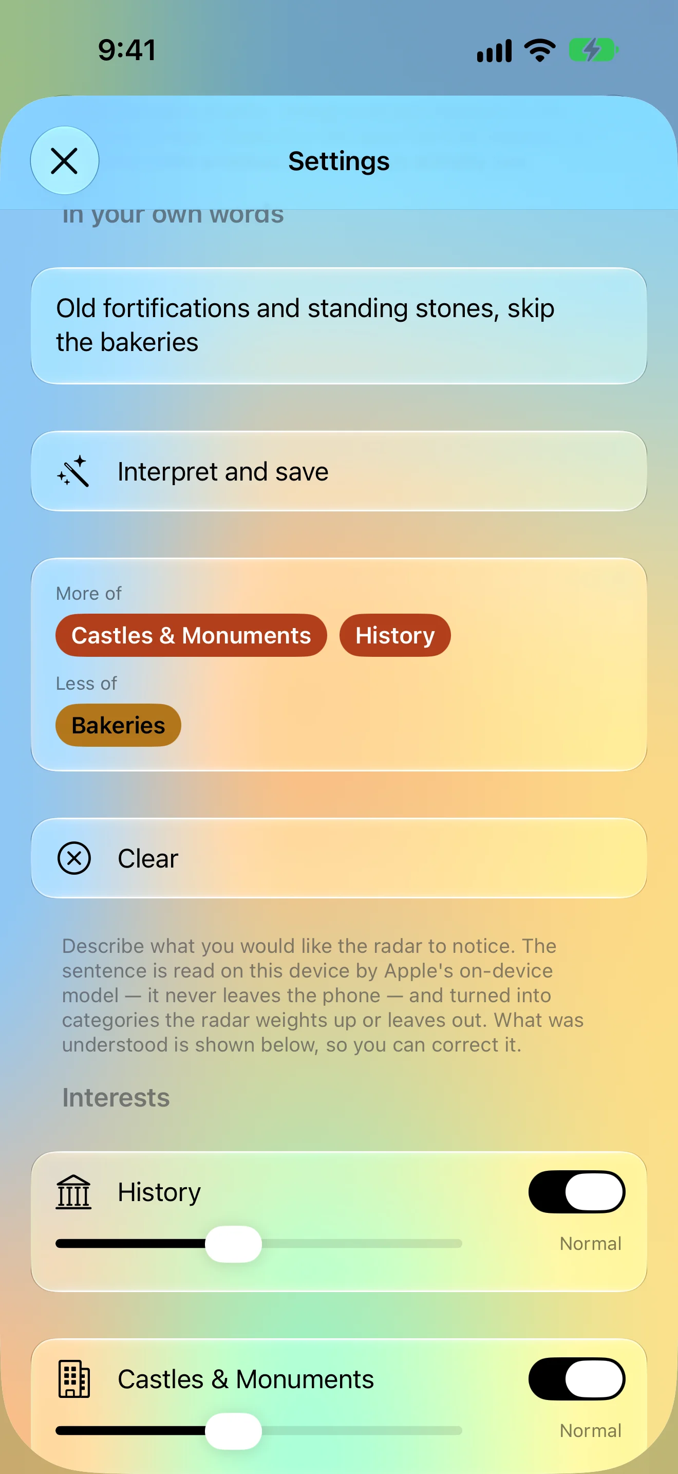 Settings with a sentence describing what to look for and what RoadLens understood