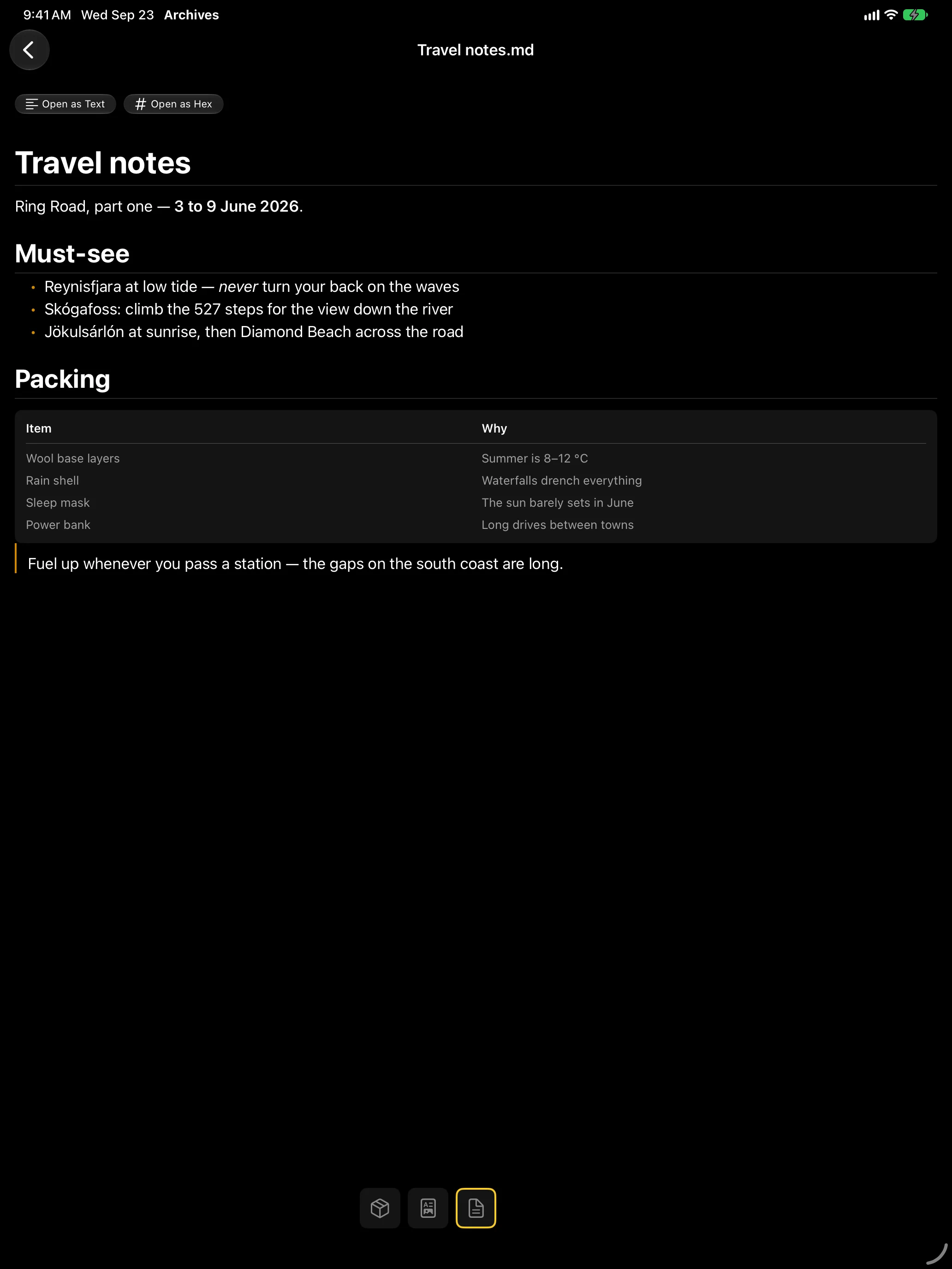 iPad - A Markdown document from the archive rendered with headings and a table