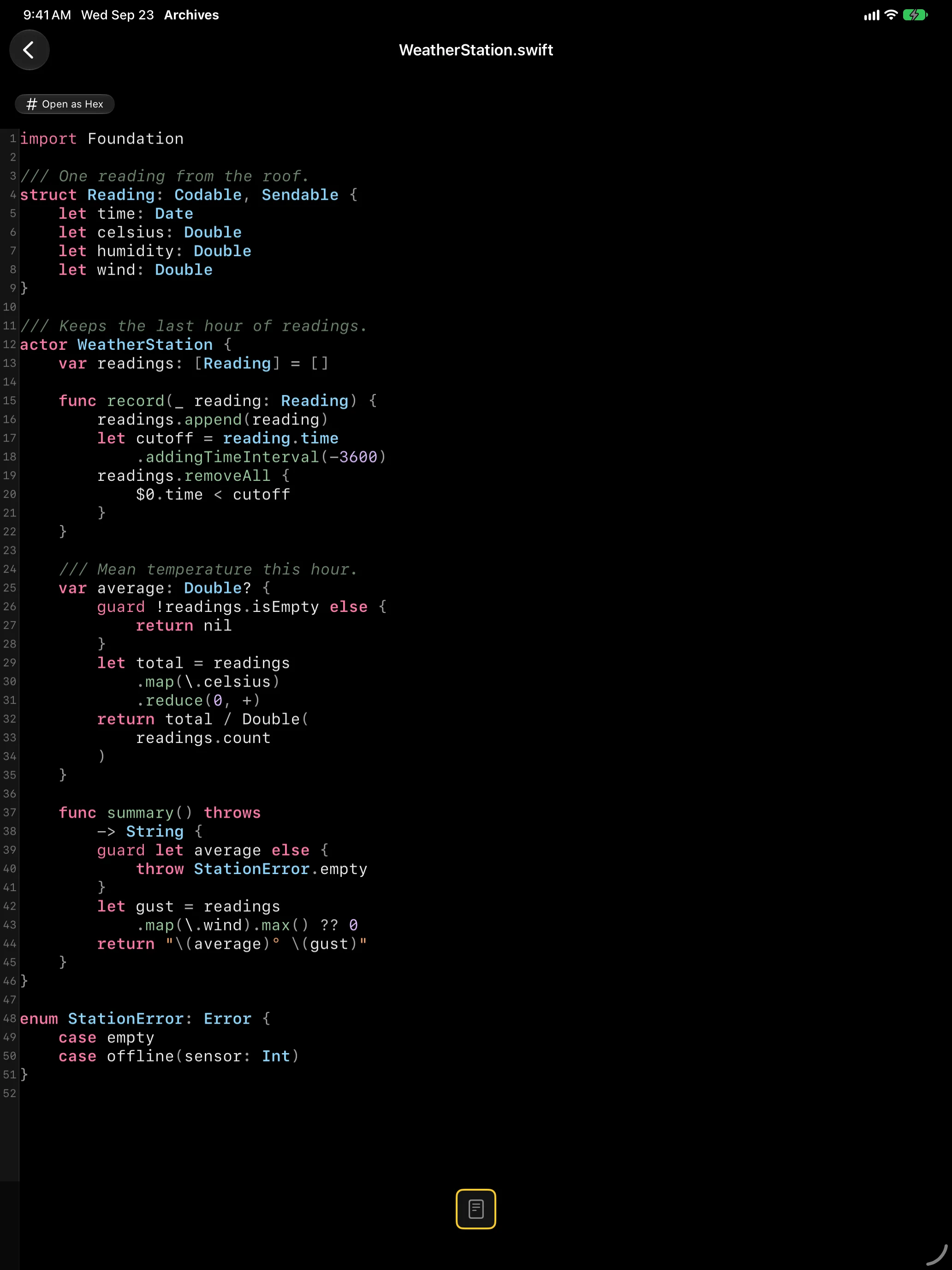 iPad - A Swift source file from a tarball with syntax highlighting