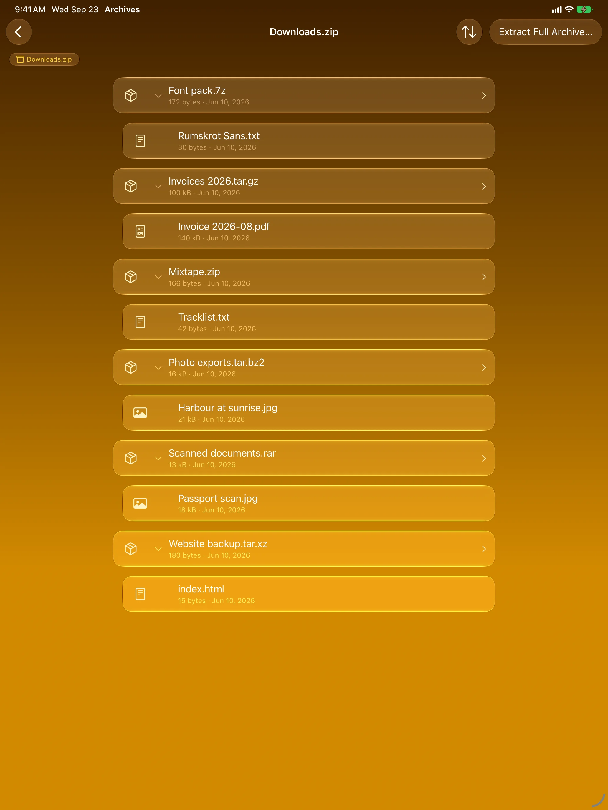 iPad - Nested 7-Zip, TAR, ZIP and RAR archives expanded inside a ZIP