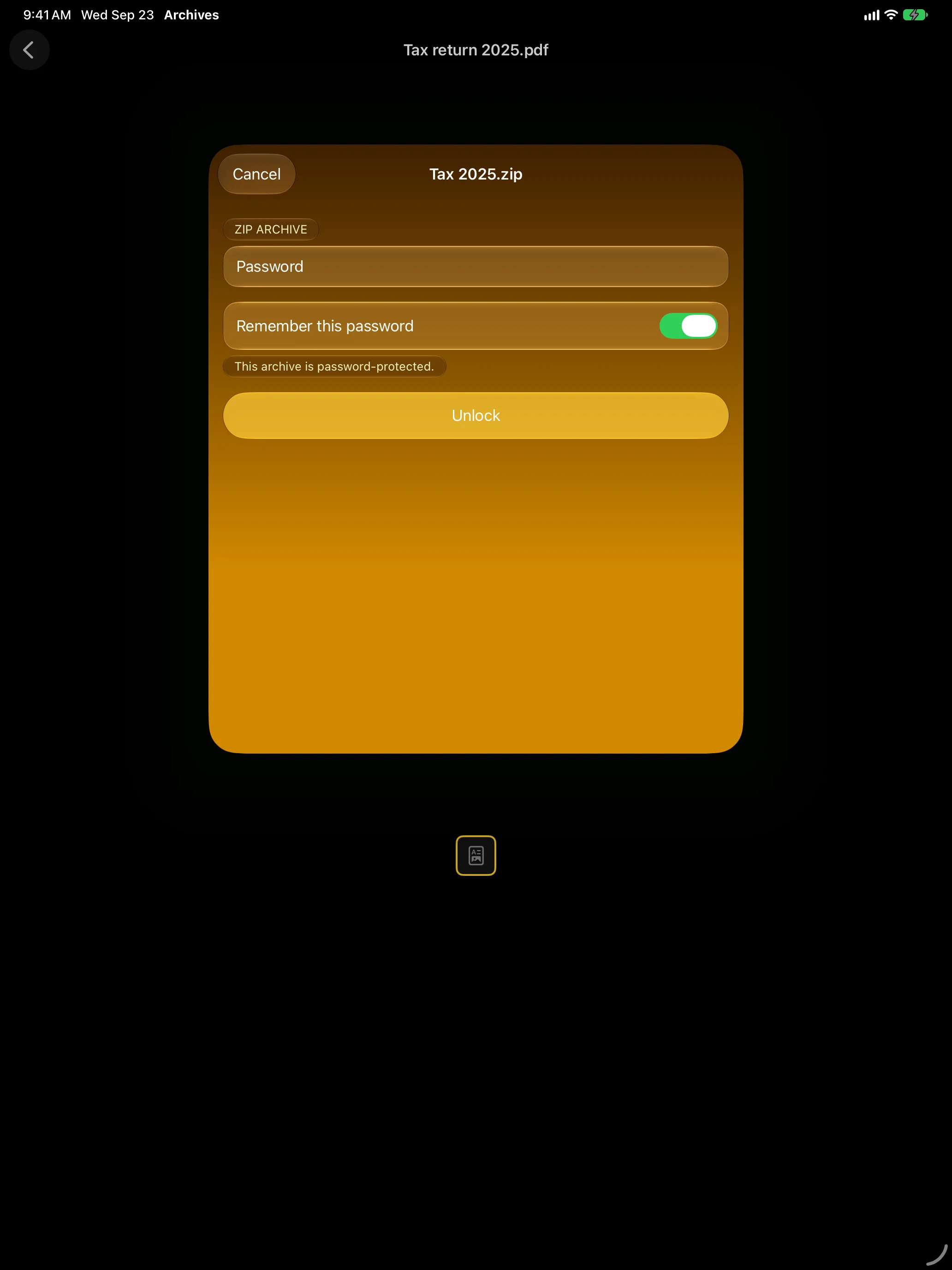 iPad - The password prompt for an encrypted 7-Zip archive