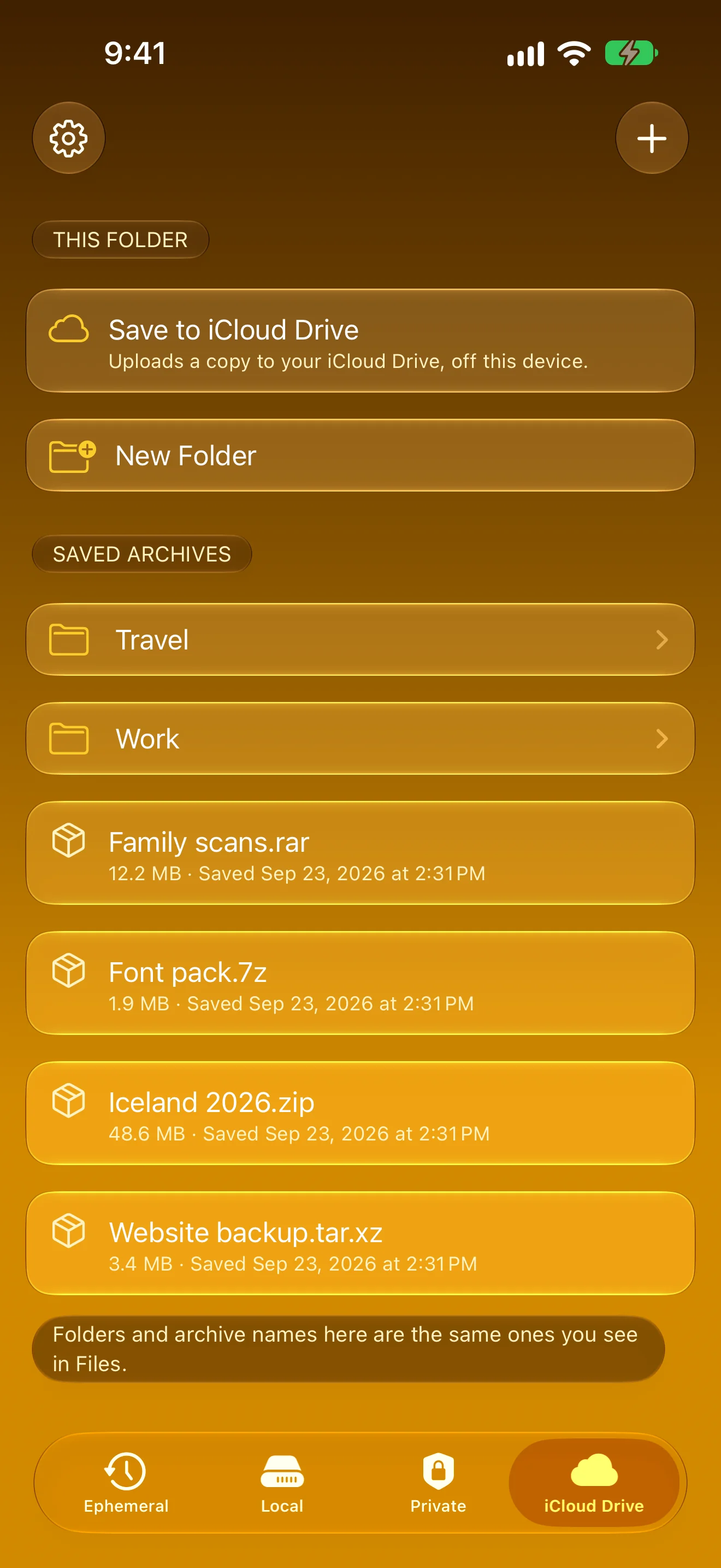 Saved archives and folders in the iCloud Drive library