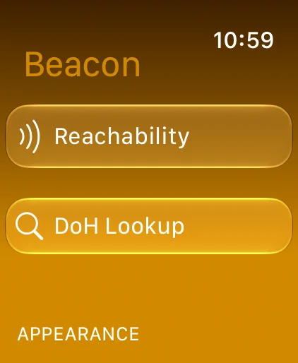 Watch companion showing HTTP reachability and DNS-over-HTTPS lookup
