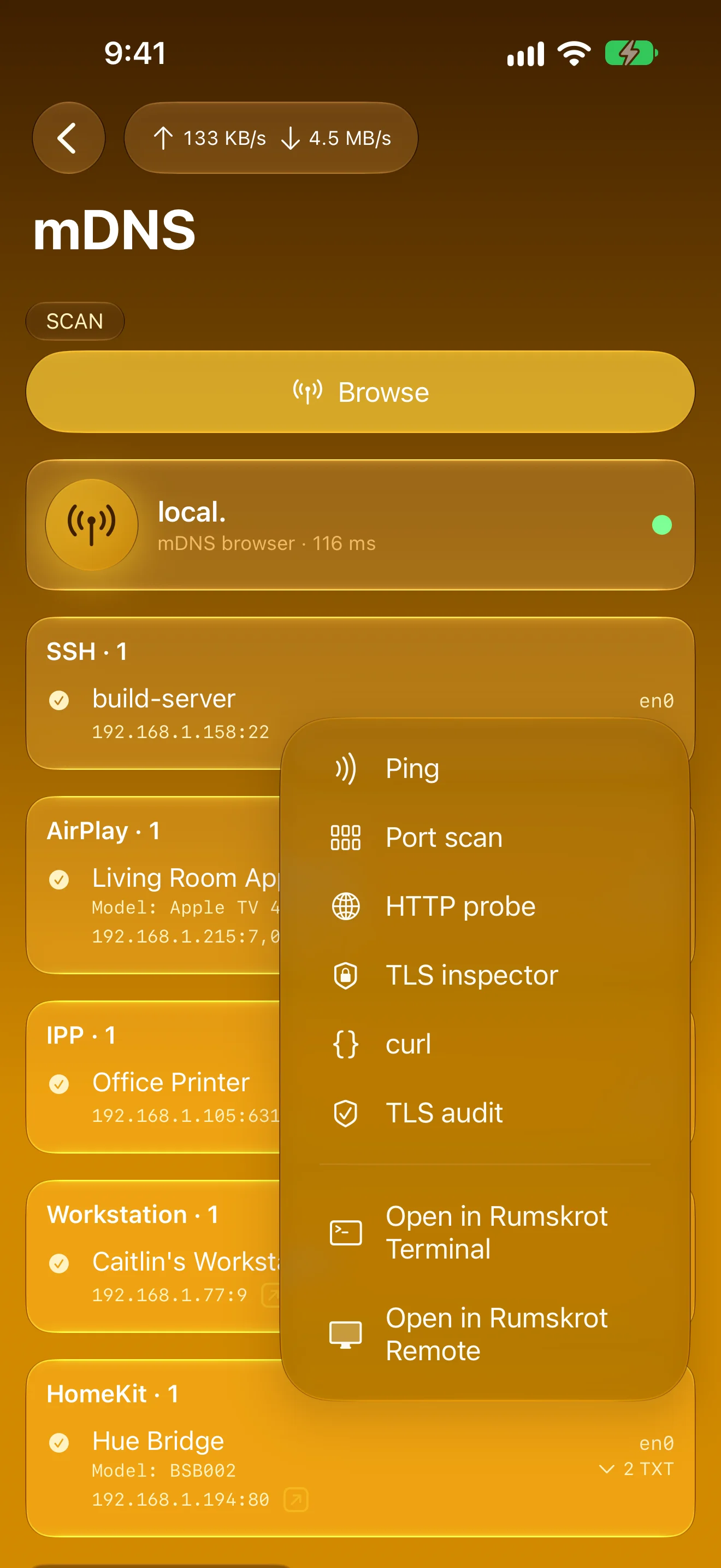 mDNS browser with routing menu