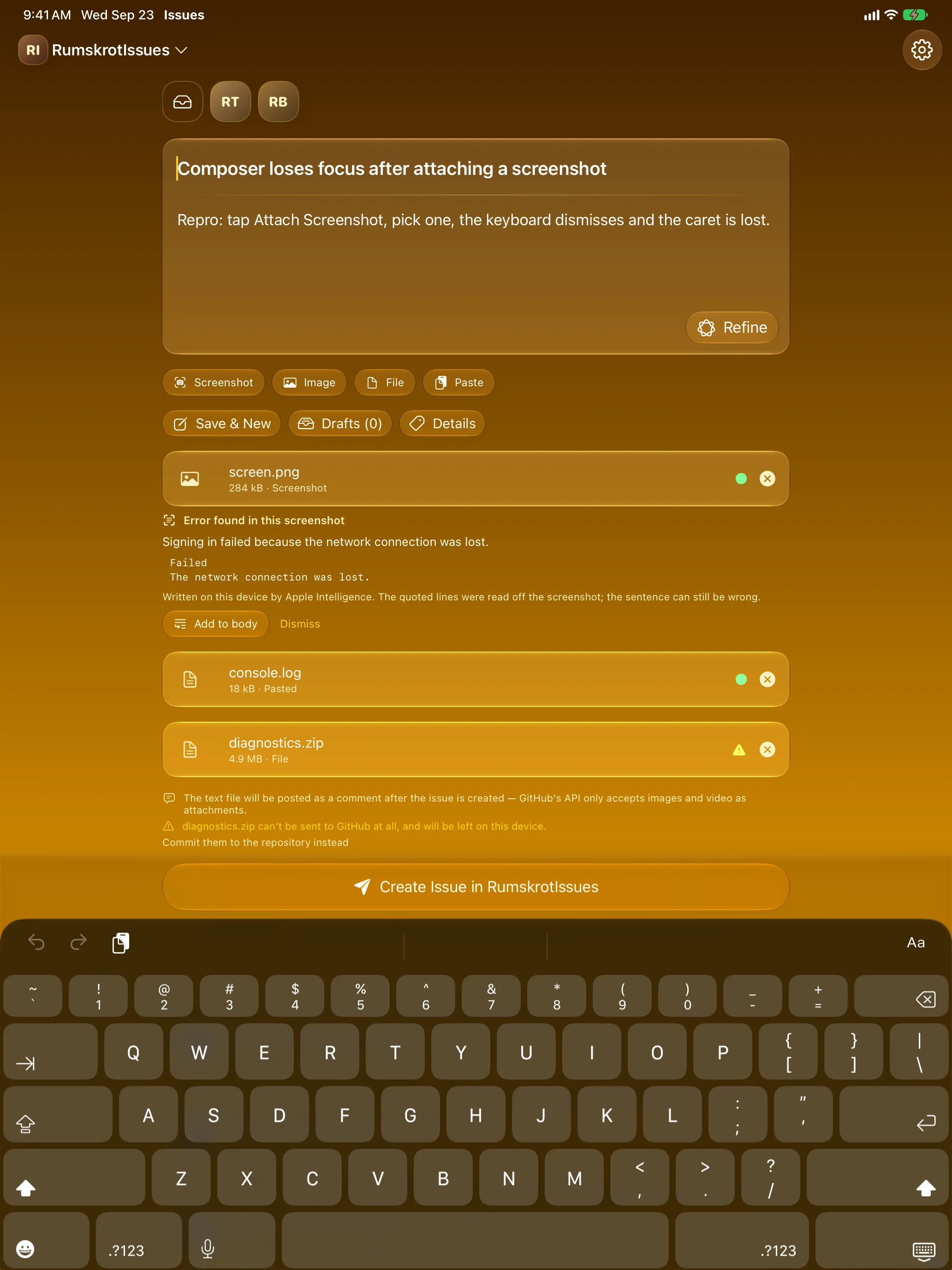 iPad - The composer, open on the last-used repository