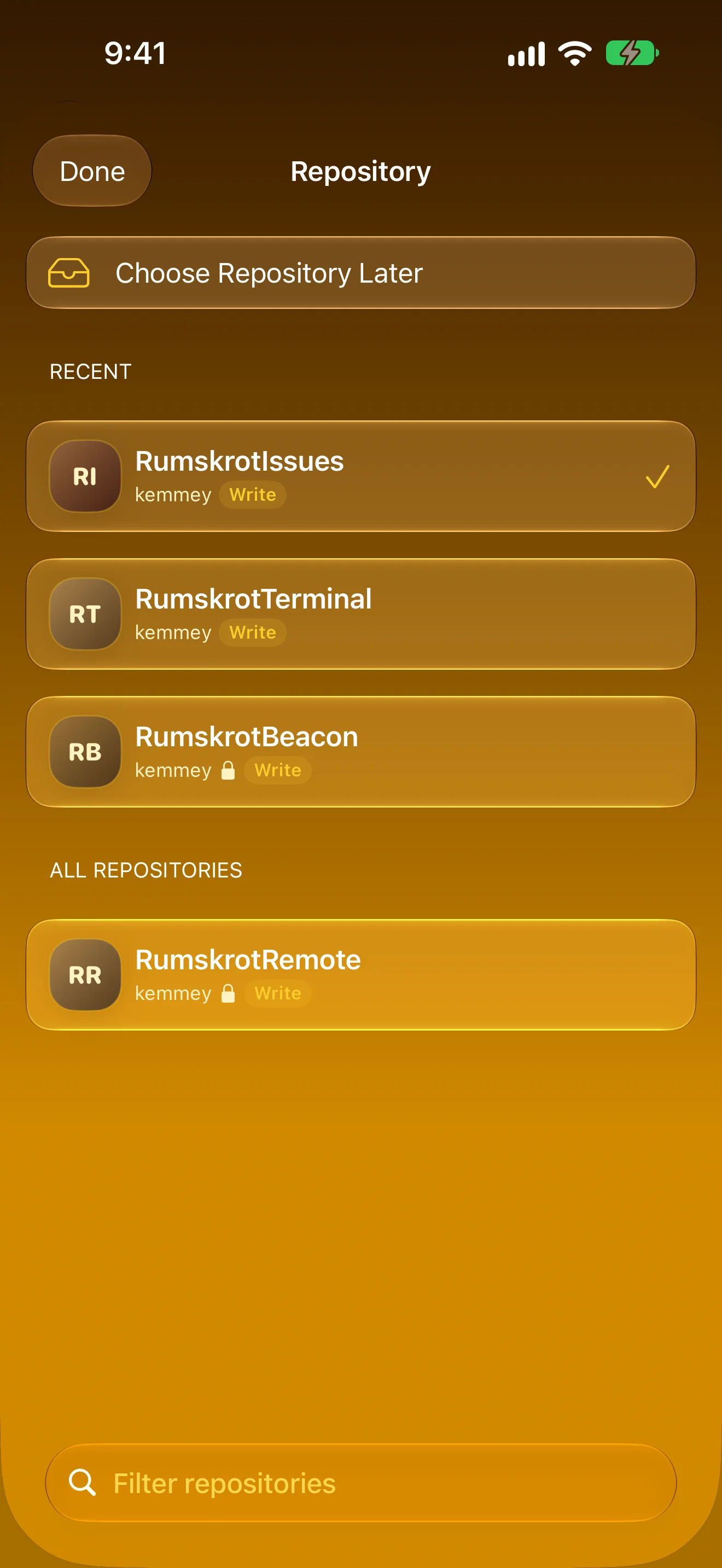 The repository picker with recently used repositories first