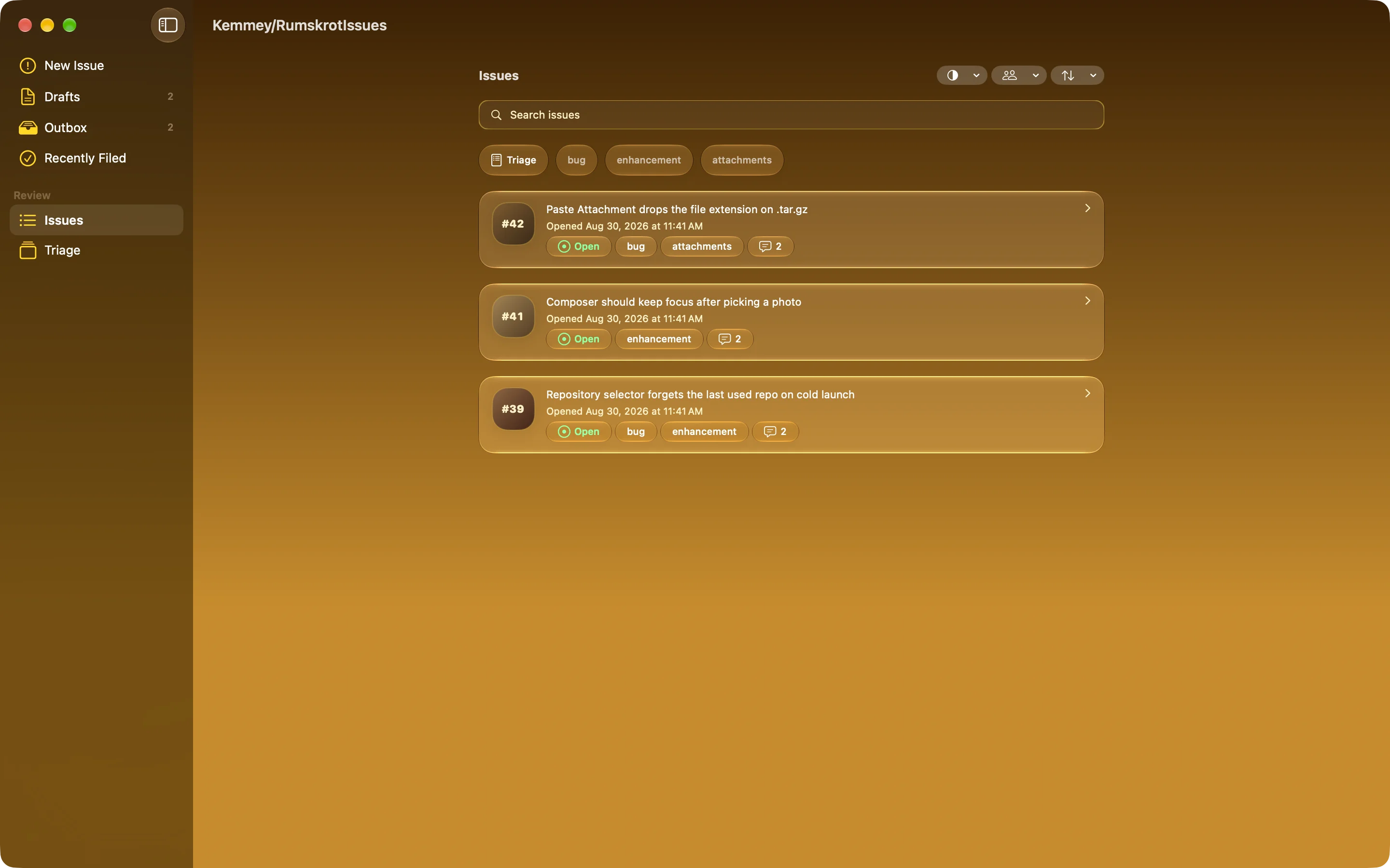 Mac: the issue list for a repository with filters and search