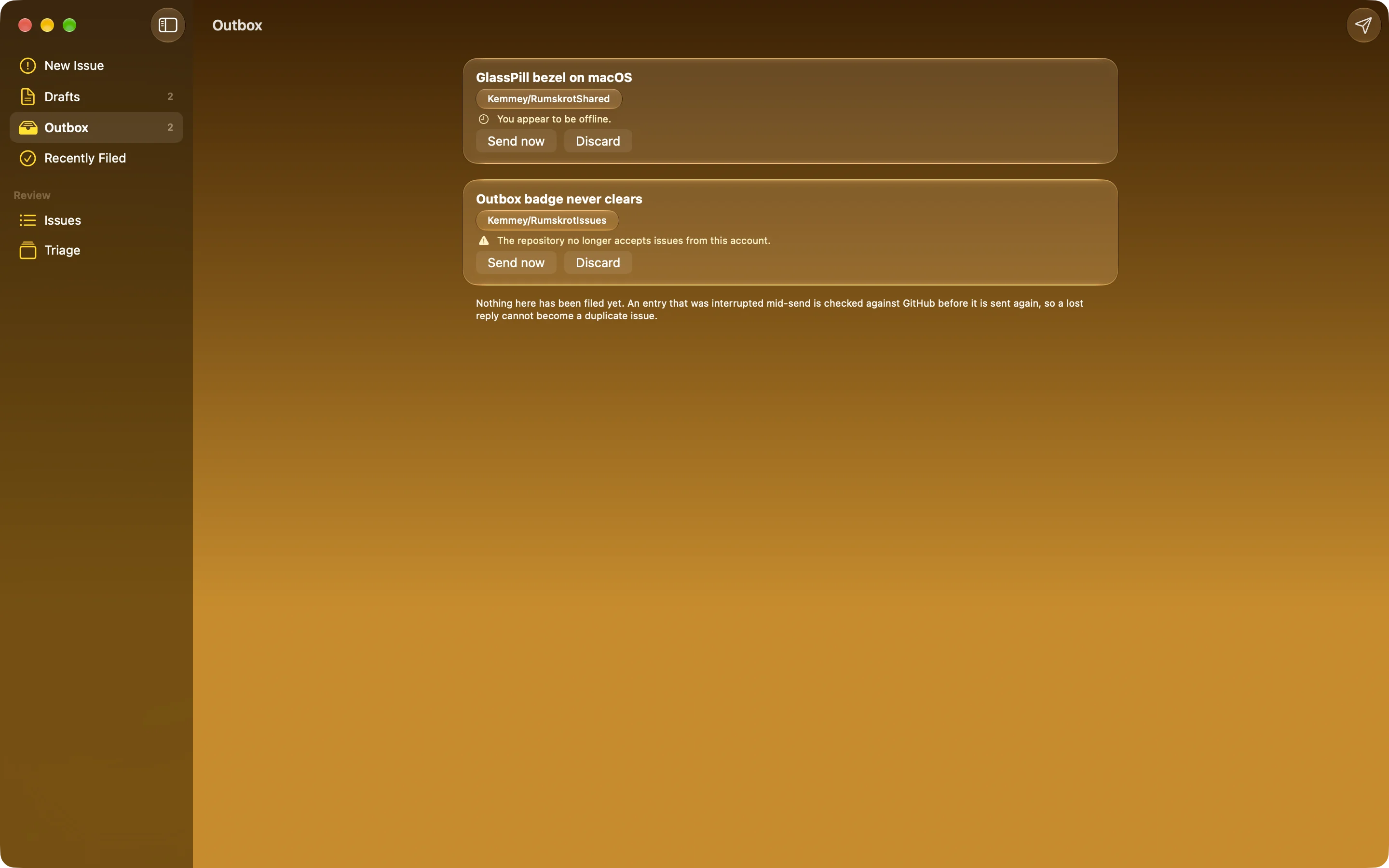 Mac: the outbox with queued issues and Send now