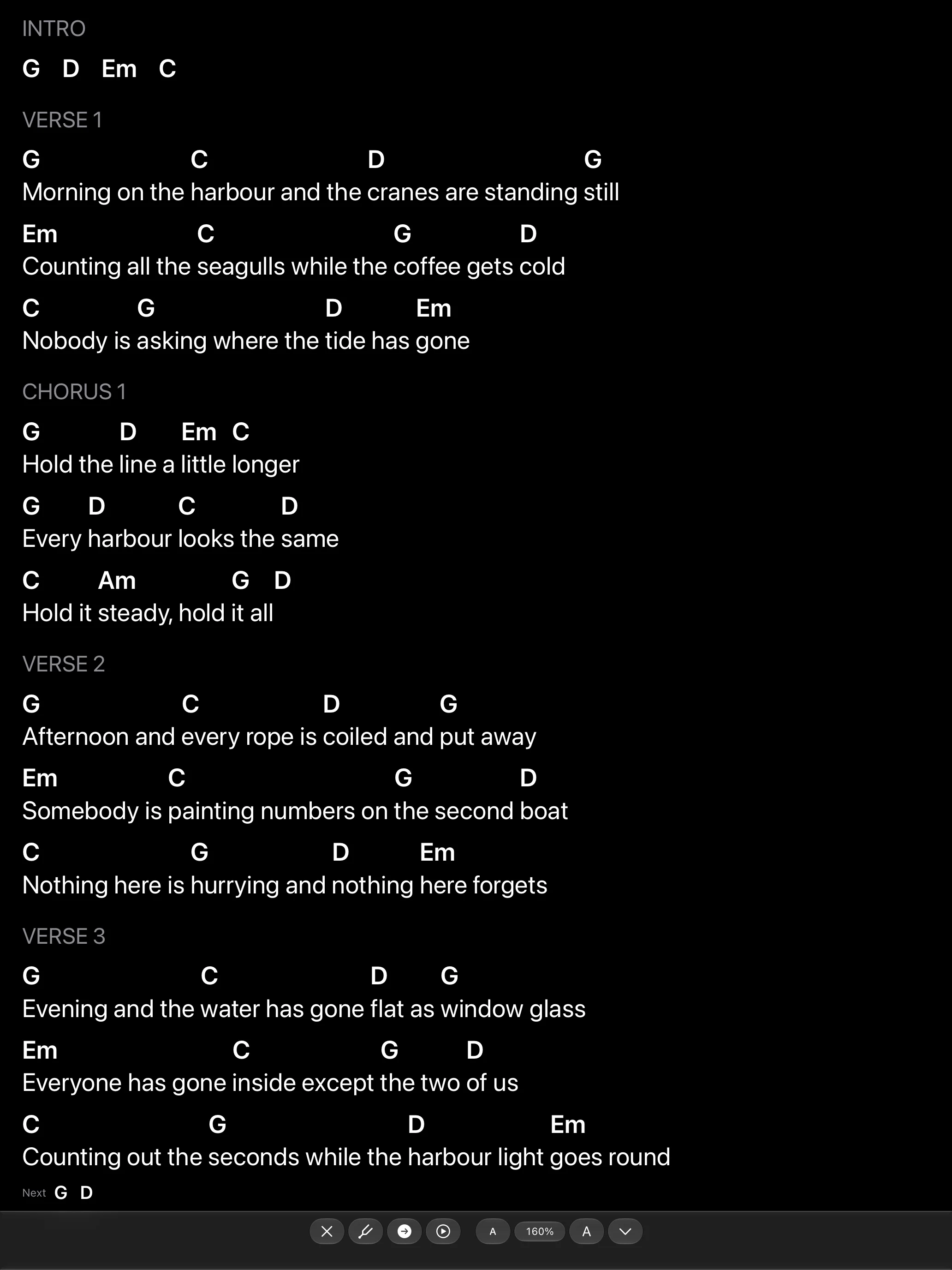 A whole song on the iPad stand in large type, with the next chords at the bottom