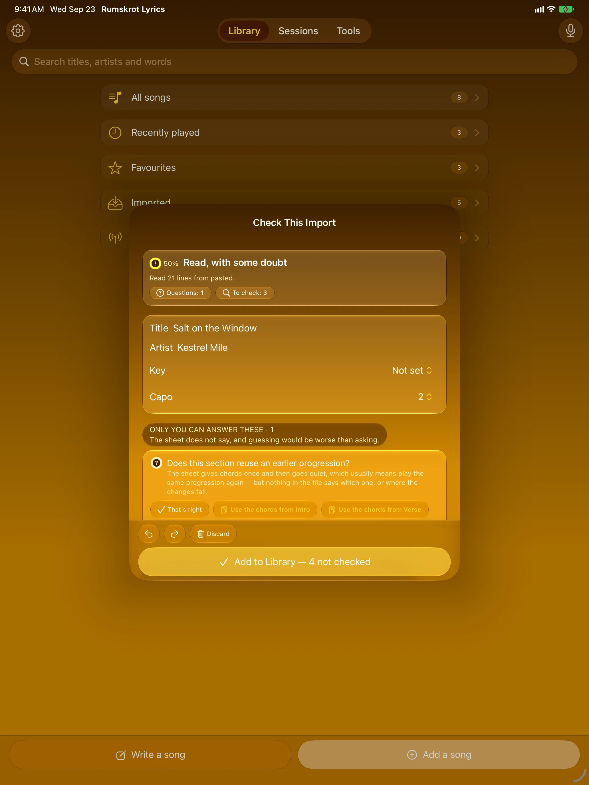 Import review on iPad flagging the lines the importer was unsure about