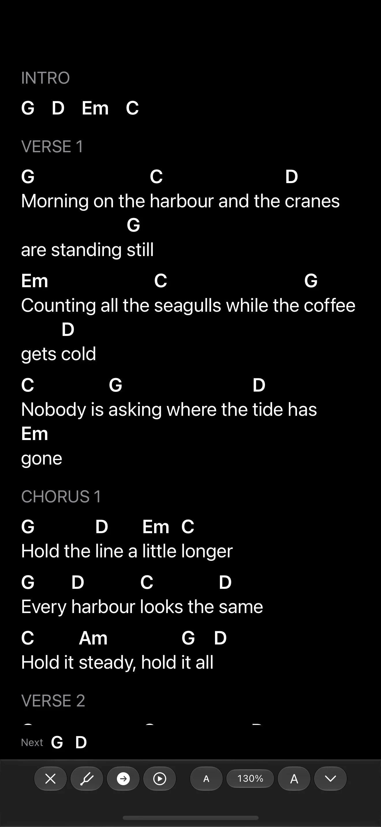 A whole song on the stand in large type, with the next chords shown at the bottom