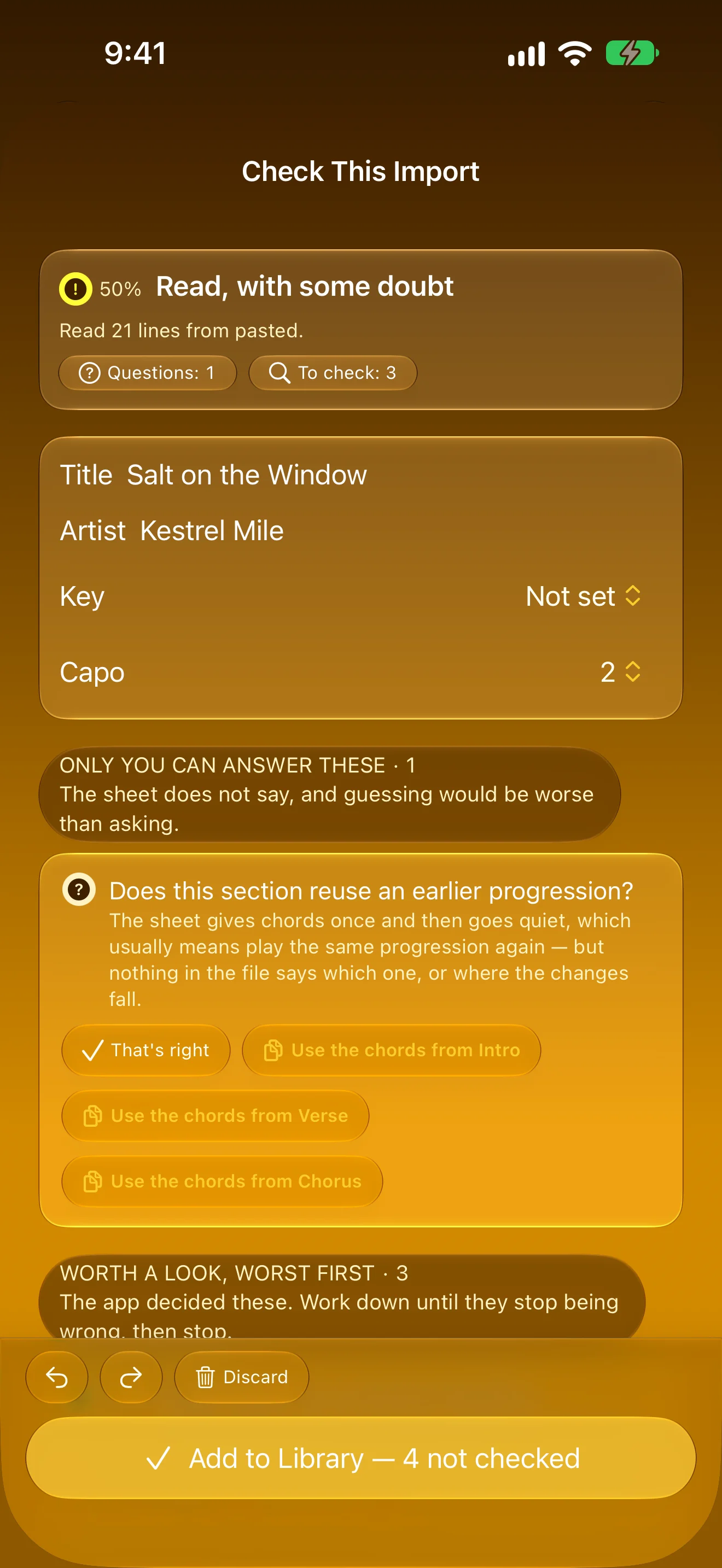 Import review flagging the lines the importer was unsure about