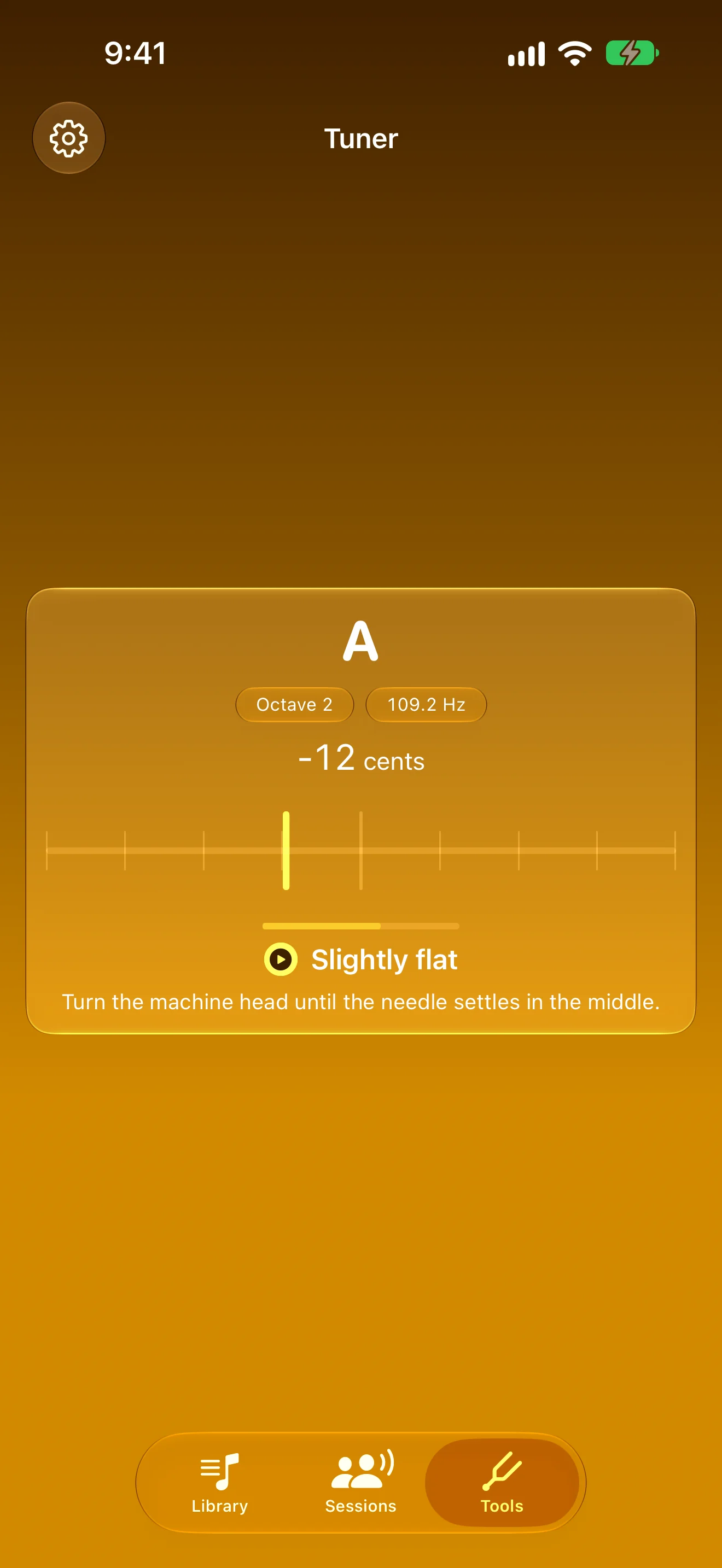Chromatic tuner showing a note slightly flat