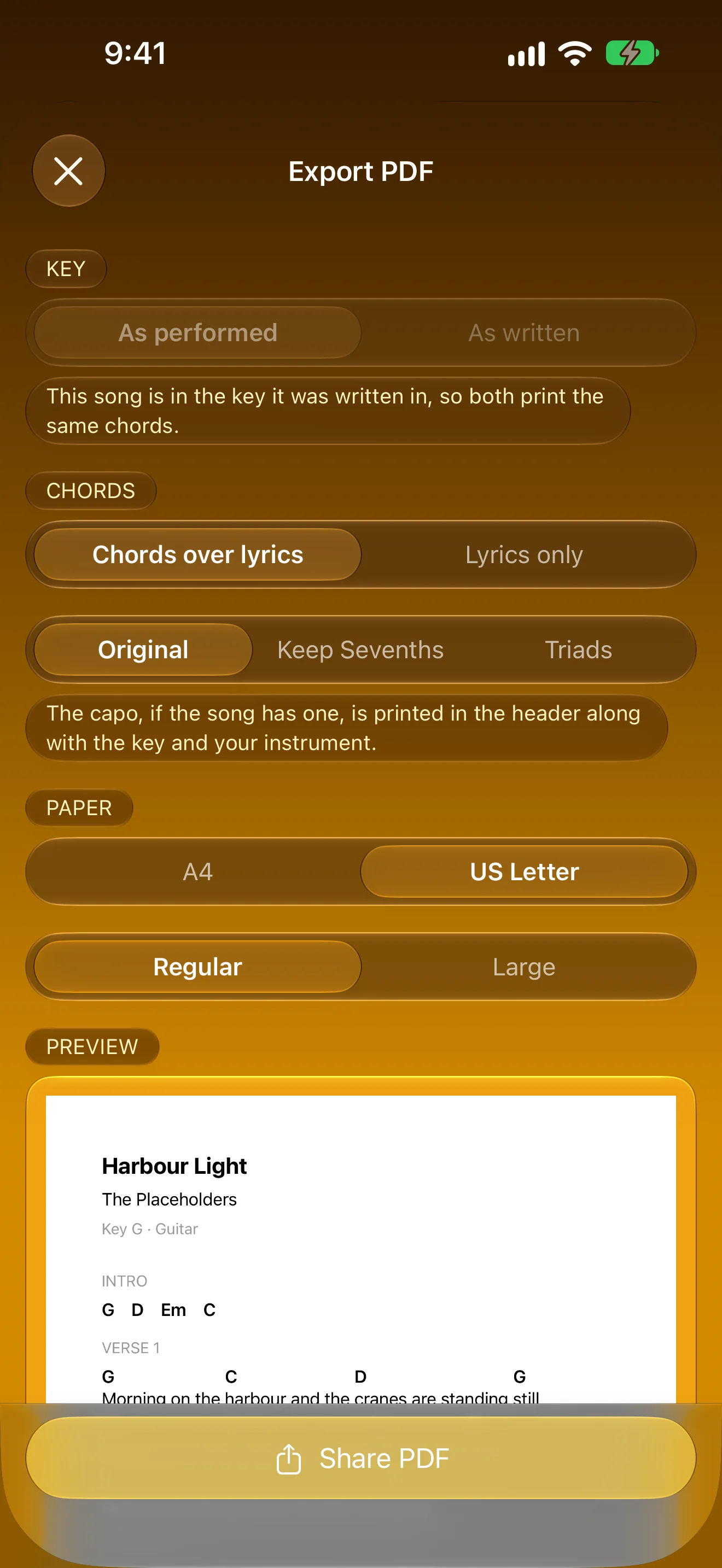 PDF export of a chord sheet
