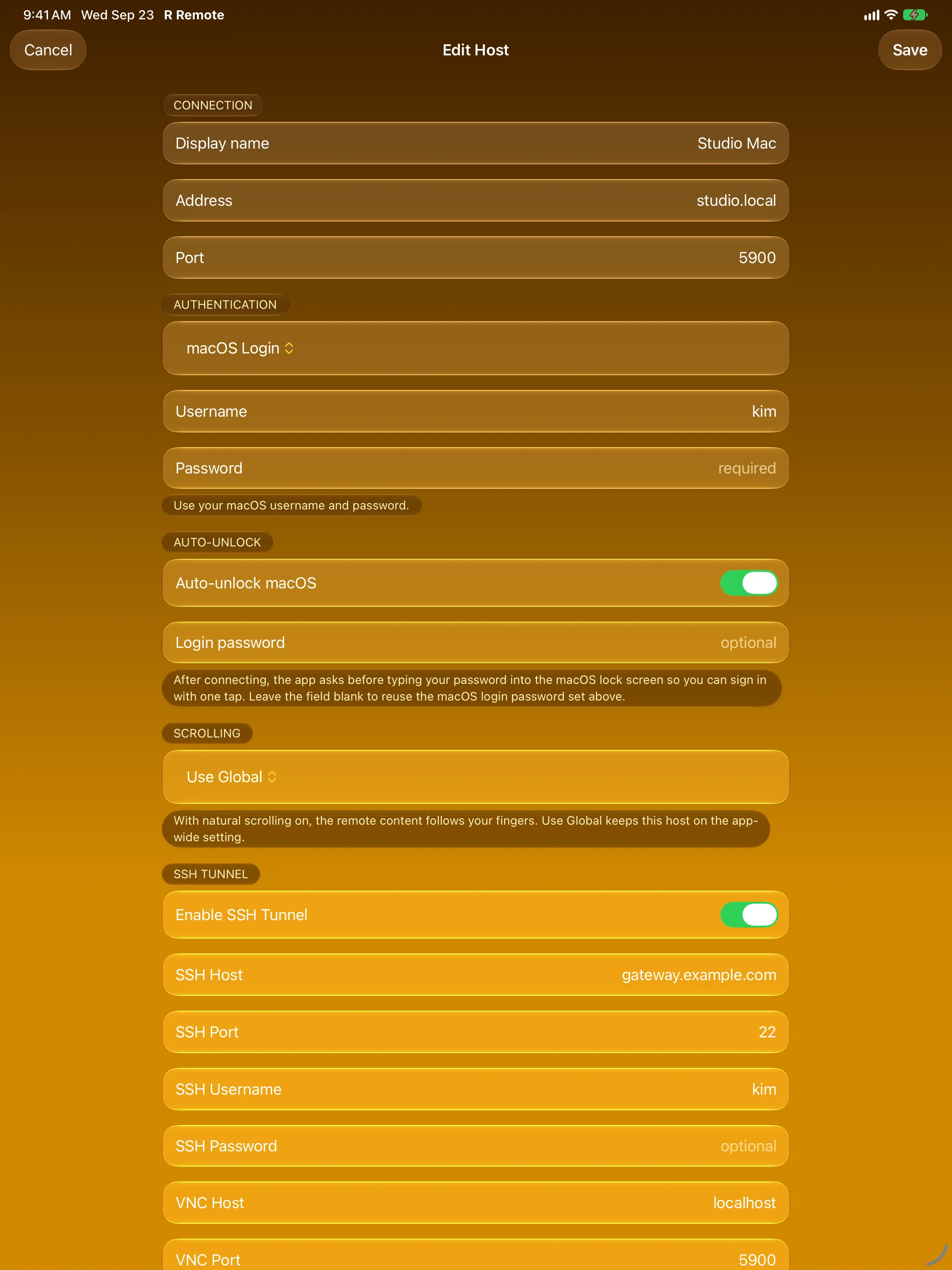 Rumskrot Remote on iPad &mdash; Host settings