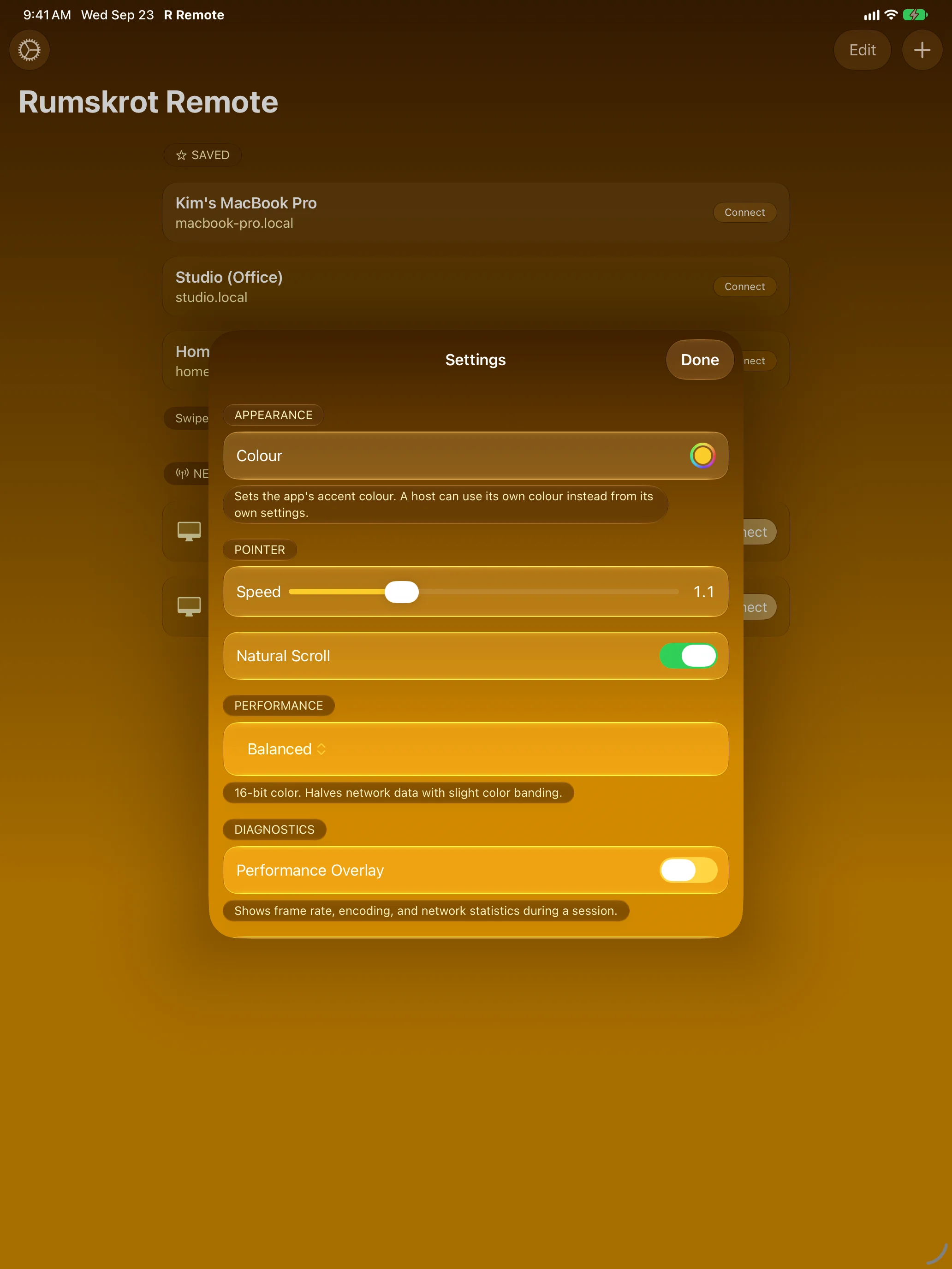 Rumskrot Remote on iPad &mdash; Settings