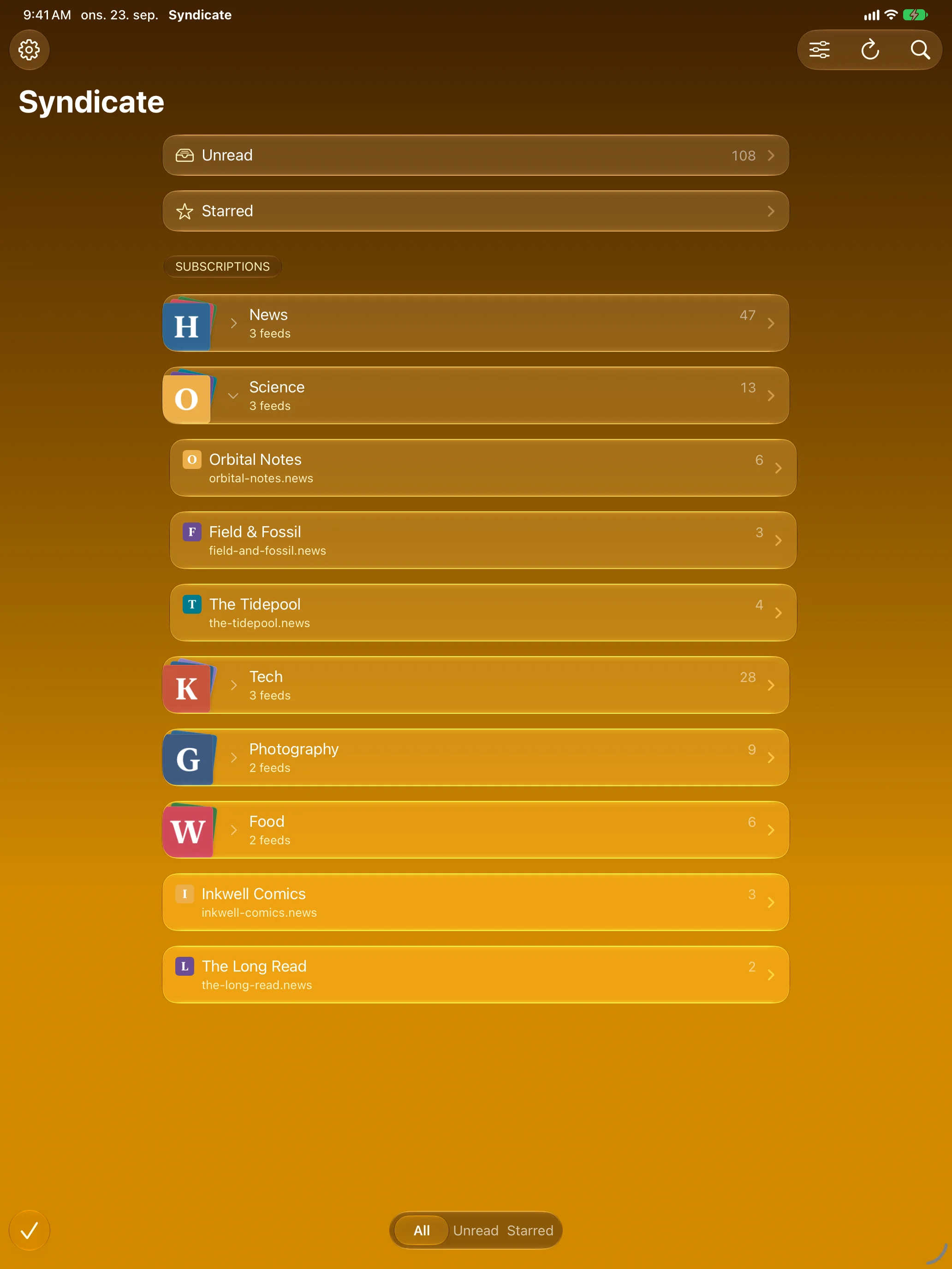 iPad library with folders, feeds and unread counts