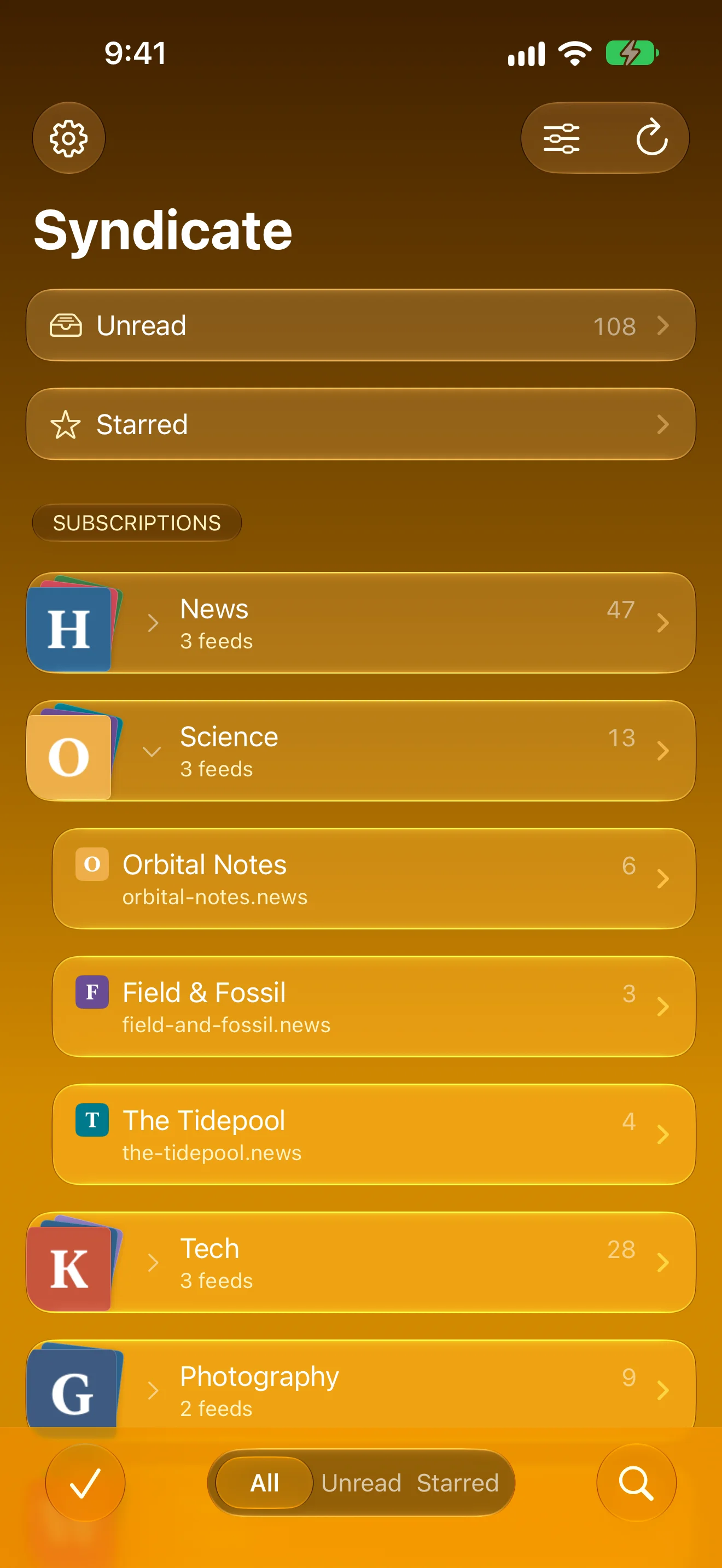 iPhone library with folders, feeds and unread counts