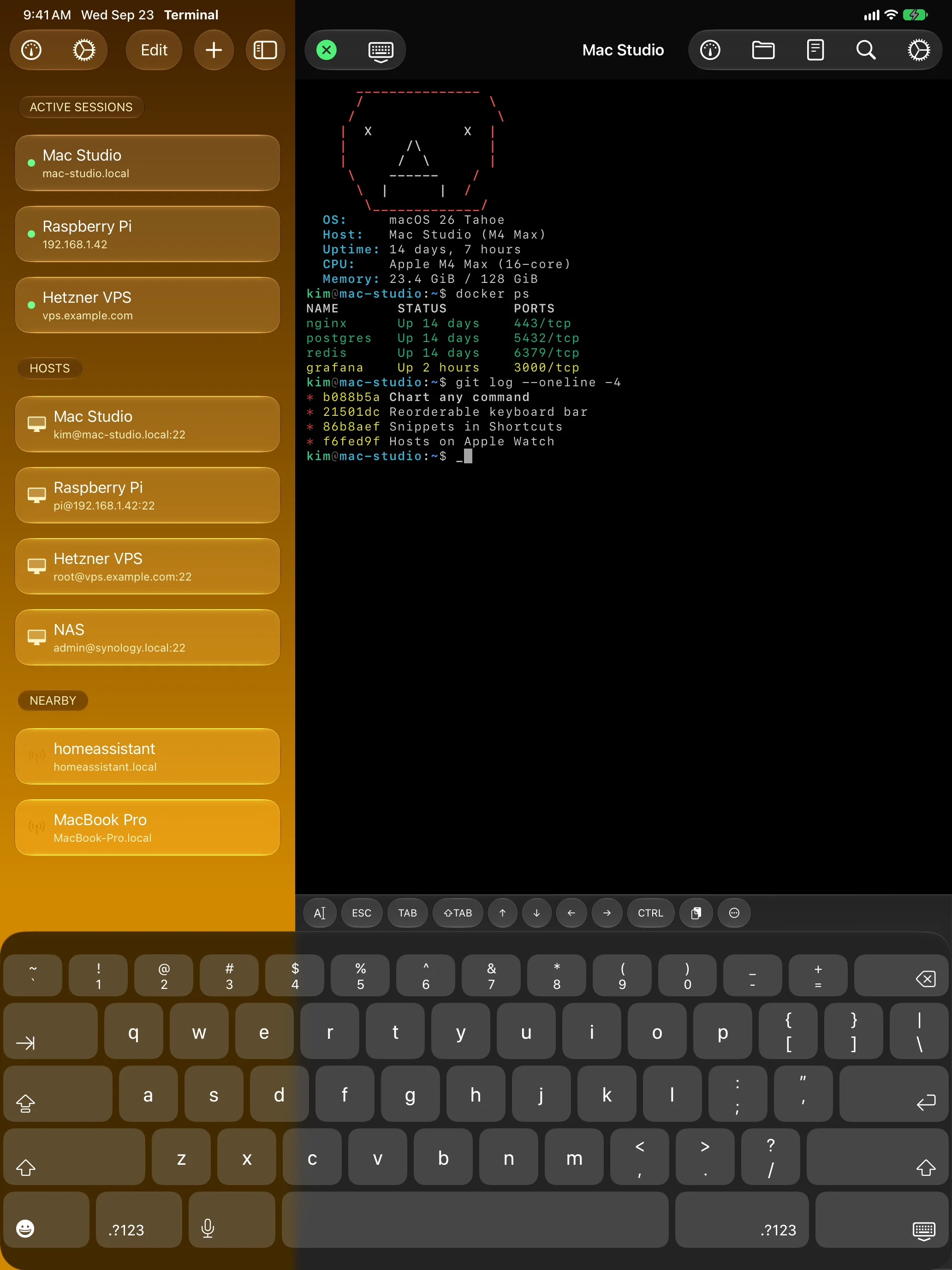 iPad &mdash; Three open sessions in the session tab strip