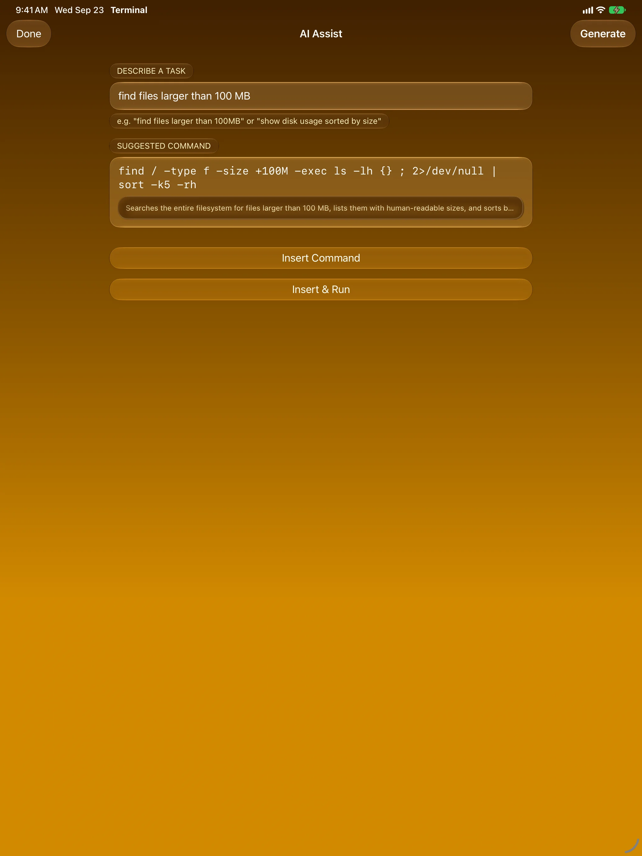 iPad &mdash; AI Assist turning a plain-English request into a find command