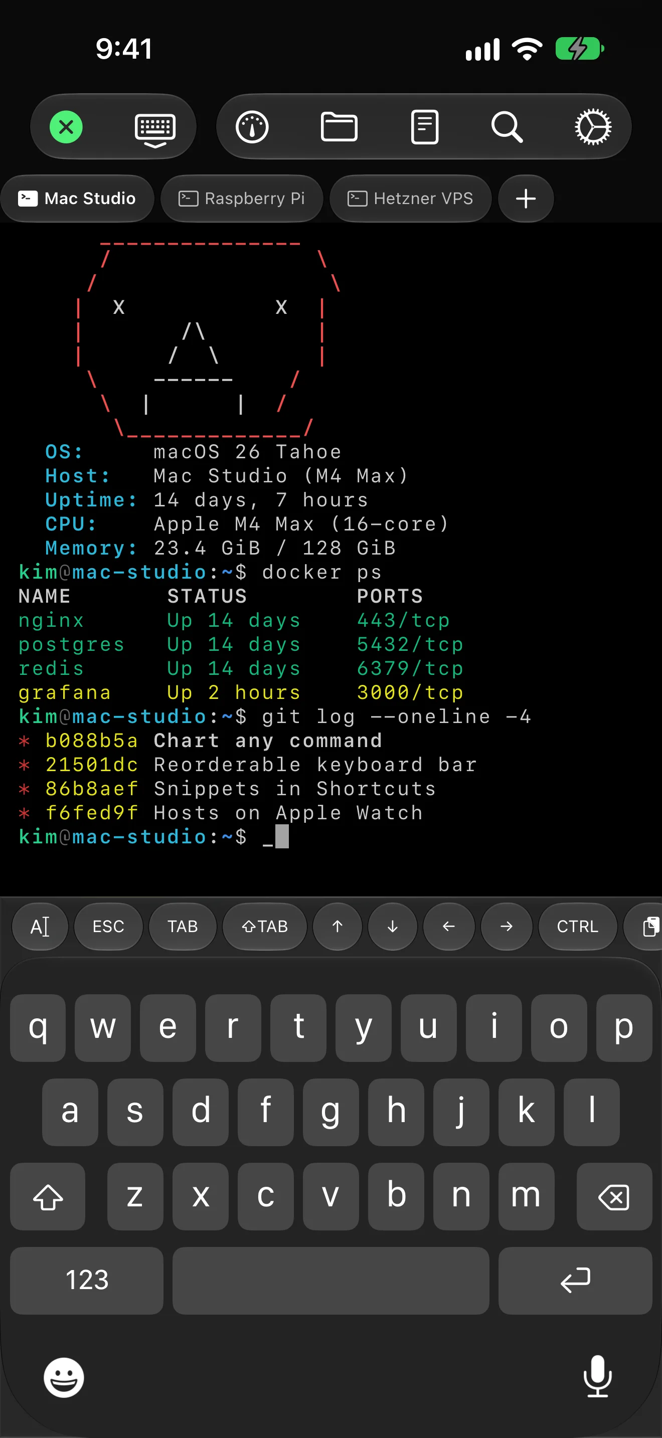 Three open sessions in the session tab strip