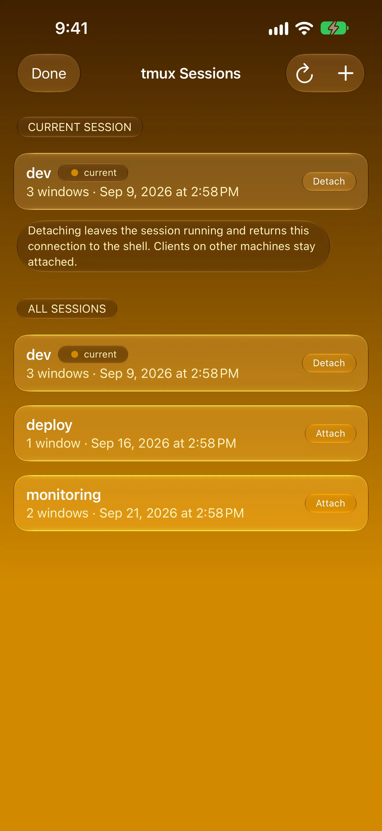 tmux session browser with attach and detach buttons