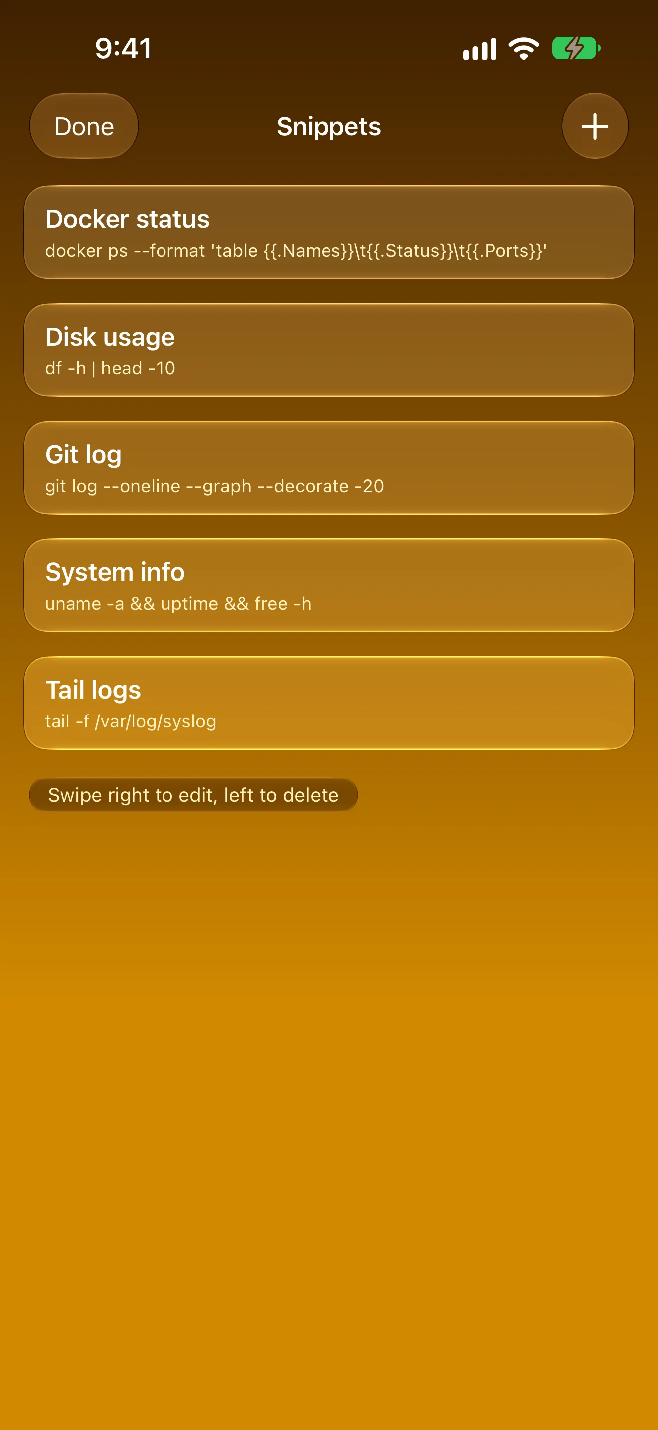 Snippet list with saved shell commands