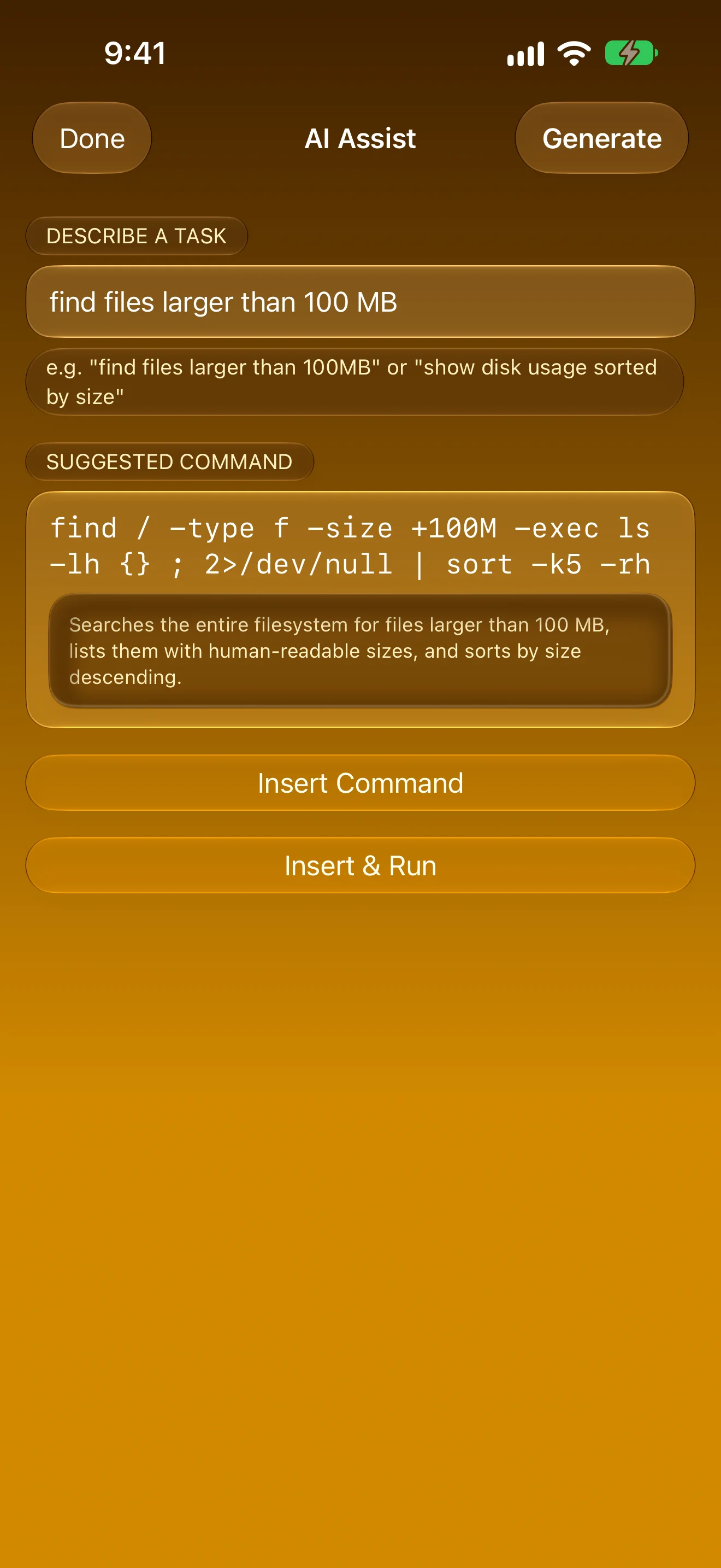 AI Assist turning a plain-English request into a find command