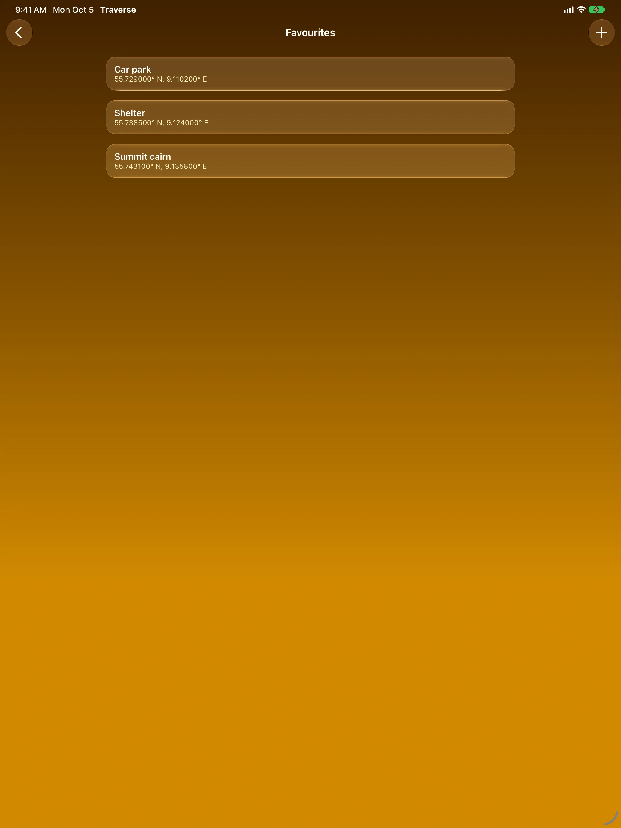 iPad - Traverse Favourites screen