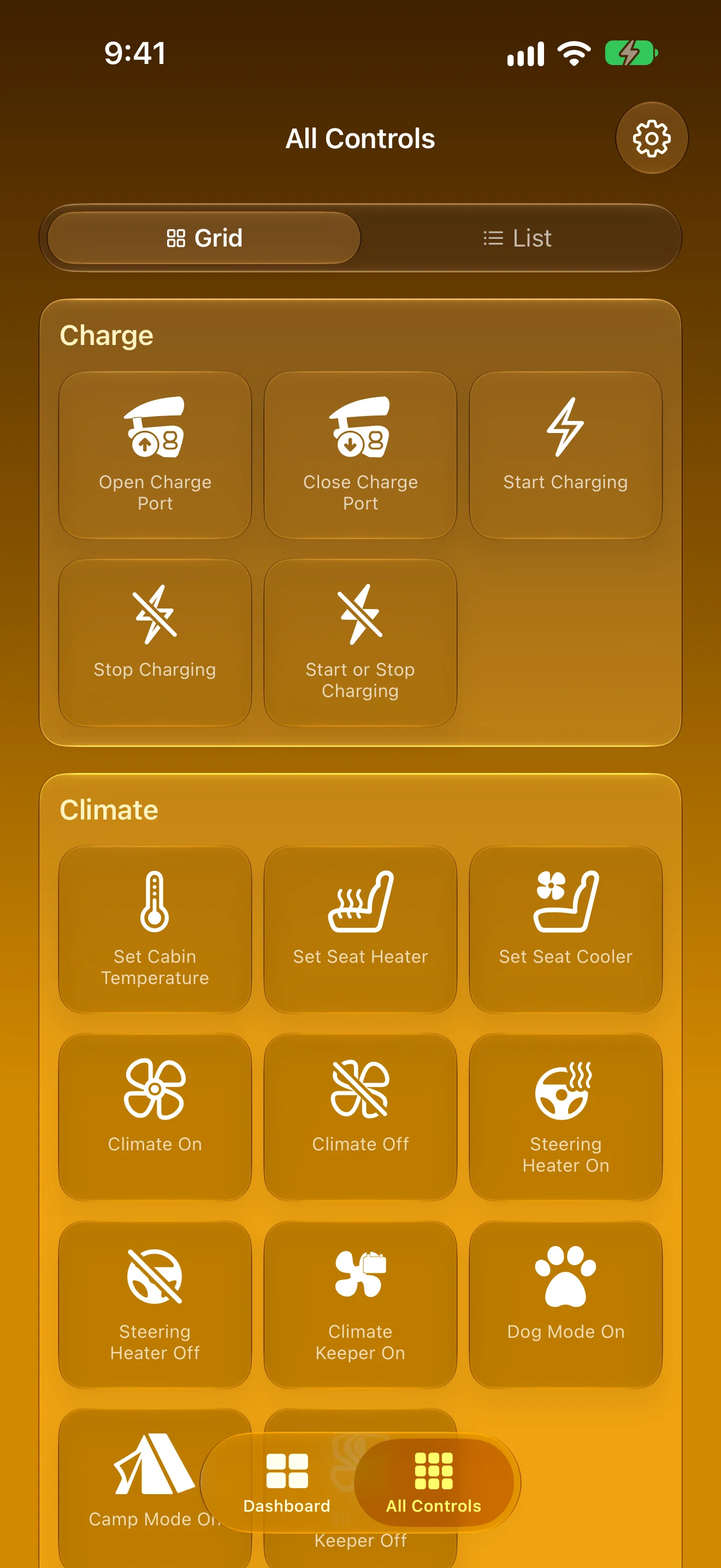 All Controls, grouped by charging, climate and more